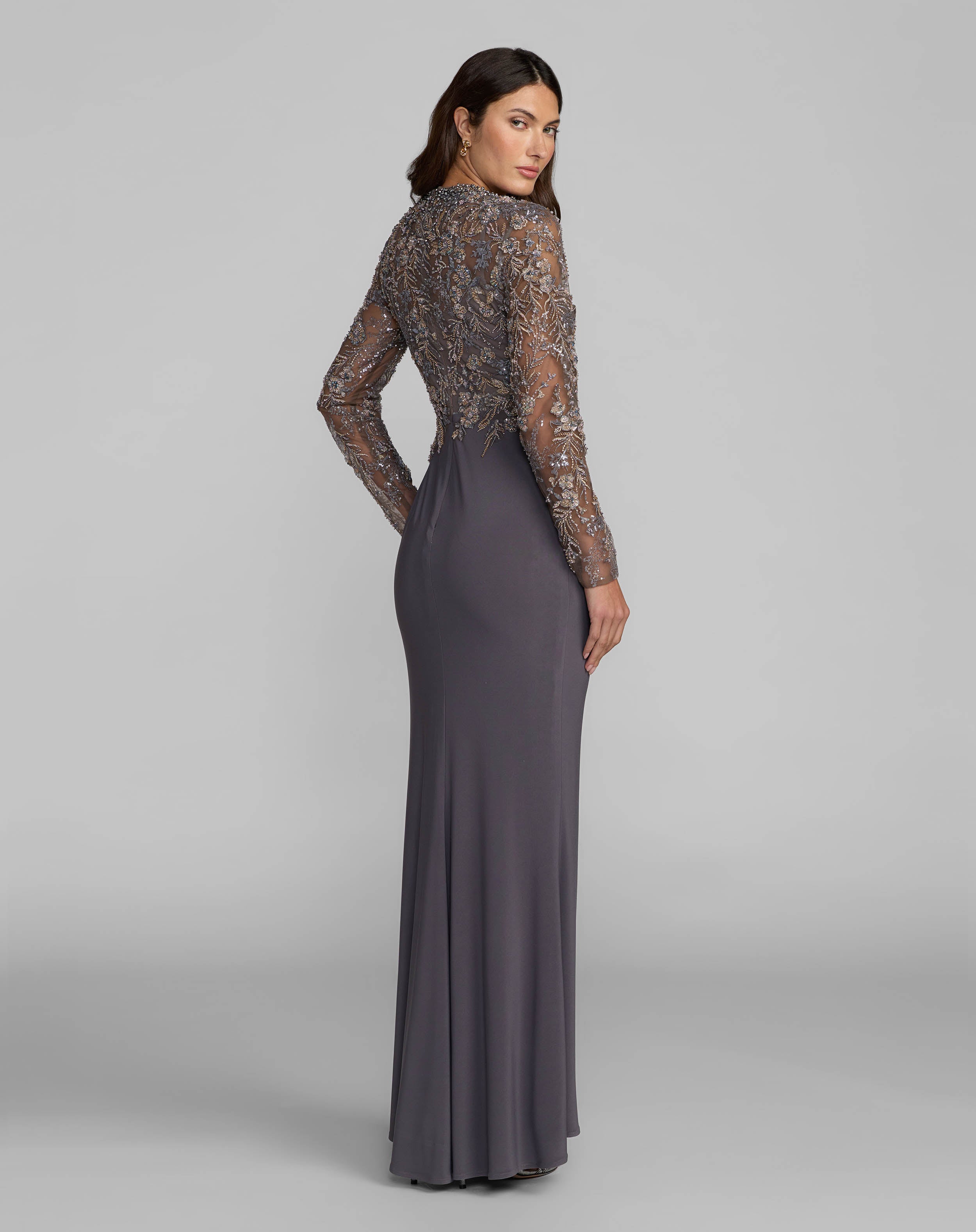 charcoal gray formal dress Mac Duggal - Embroidered Long Sleeve Jersey Gown Self-Portrait // Black & Train:Full Train (28-inch) Turn heads in this Peak: 50