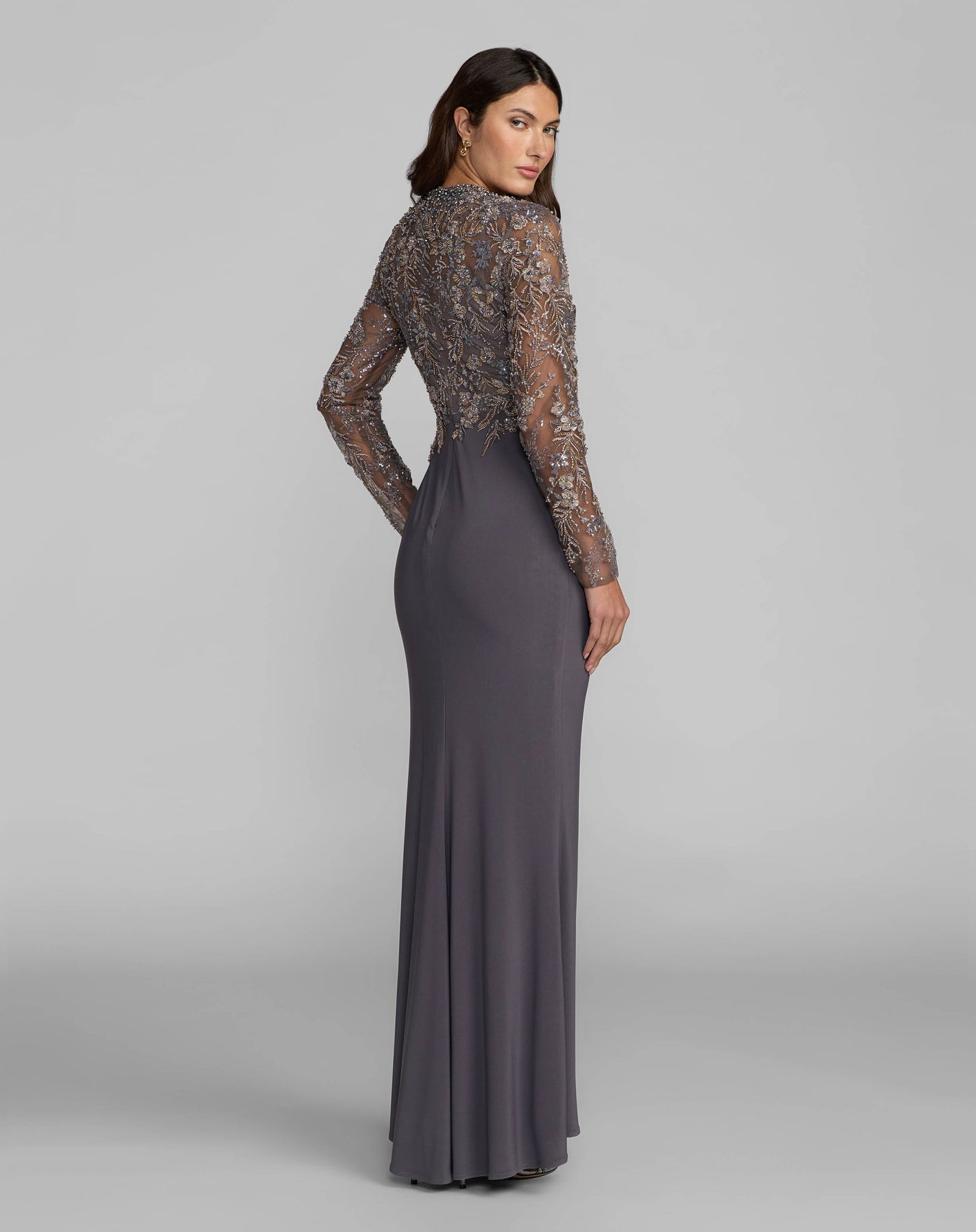 Gray Embroidered Long Sleeve Jersey Gown - Mac Duggal