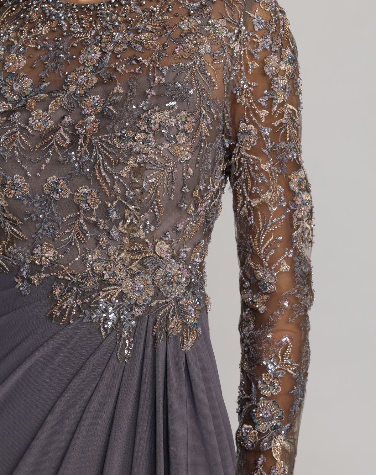 Gray Embroidered Long Sleeve Jersey Gown - Mac Duggal