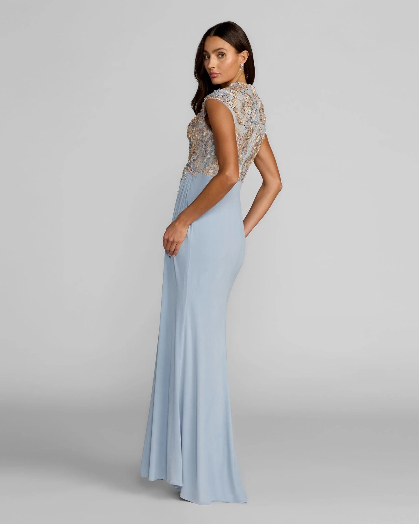 Blue Embroidered V Neck Jersey Draped Gown Mac Duggal