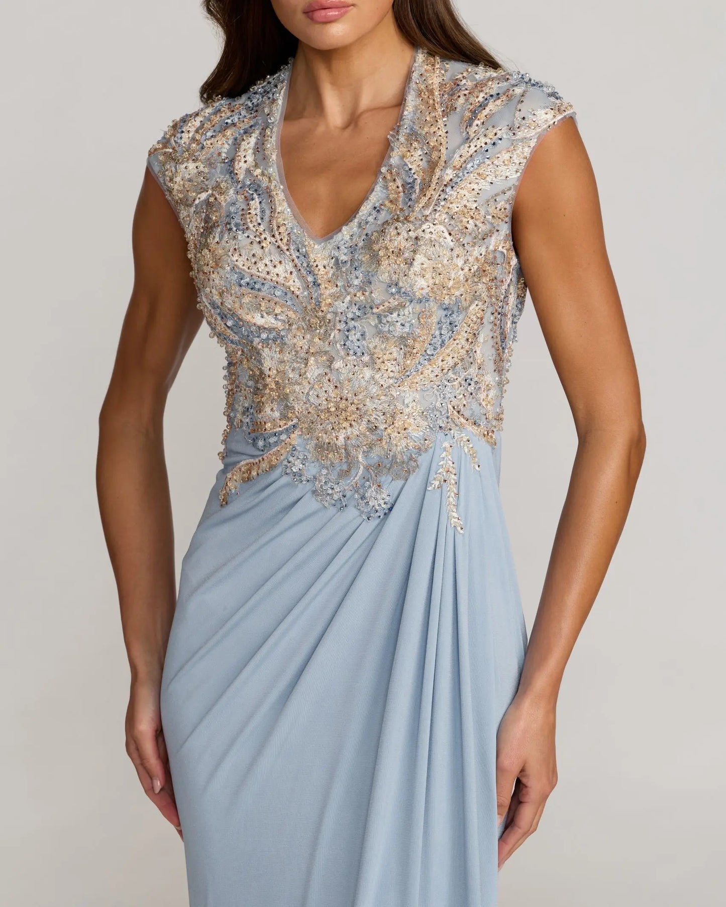Blue Embroidered V Neck Jersey Draped Gown Mac Duggal