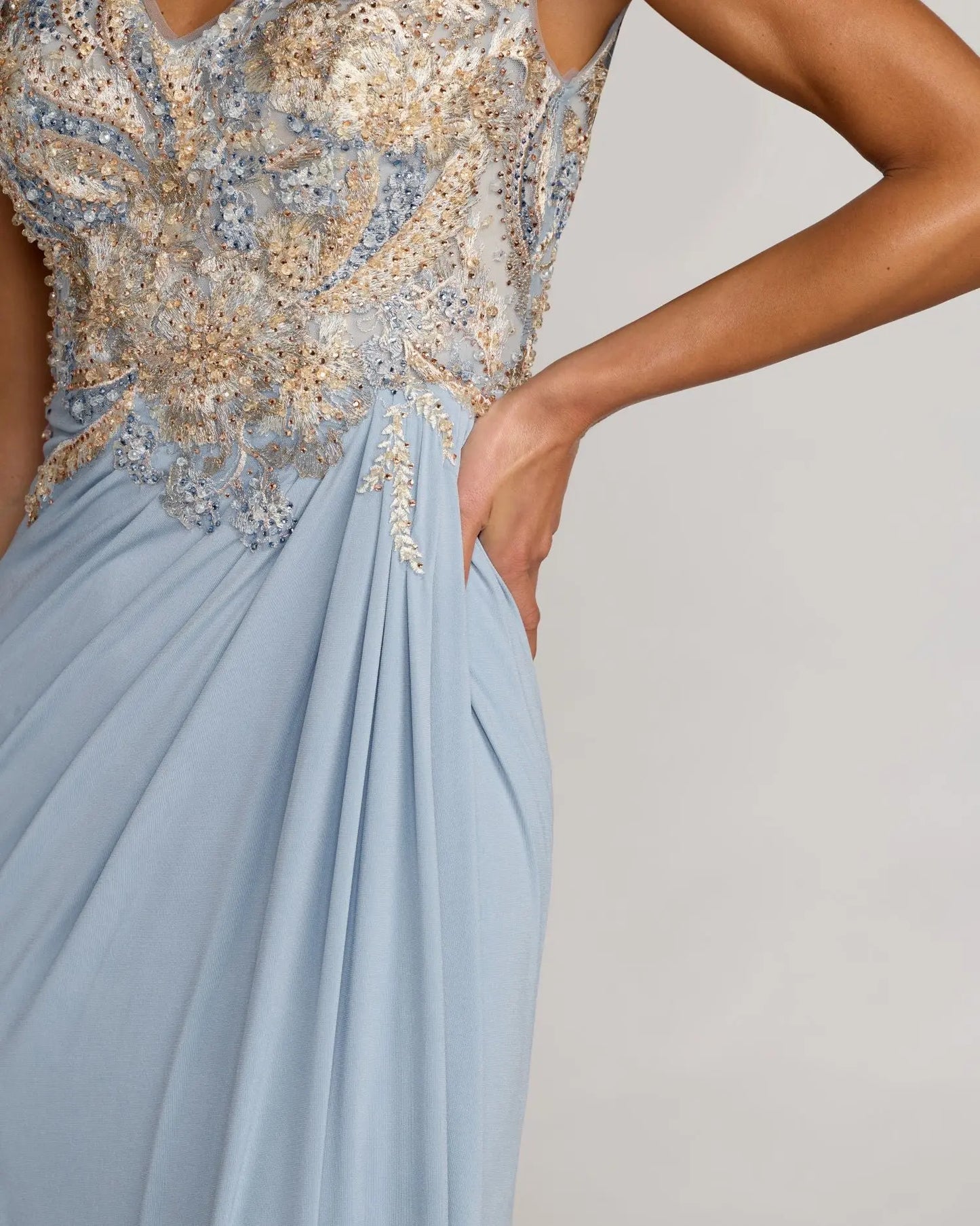 Blue Embroidered V Neck Jersey Draped Gown Mac Duggal