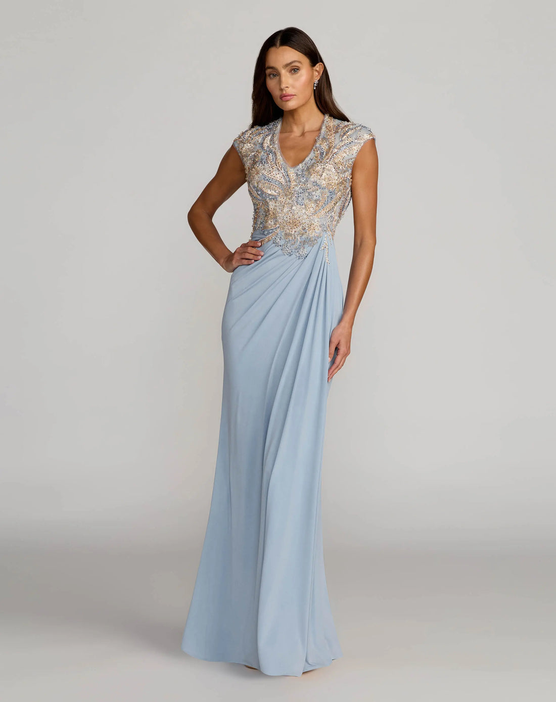 Blue Embroidered V Neck Jersey Draped Gown Mac Duggal