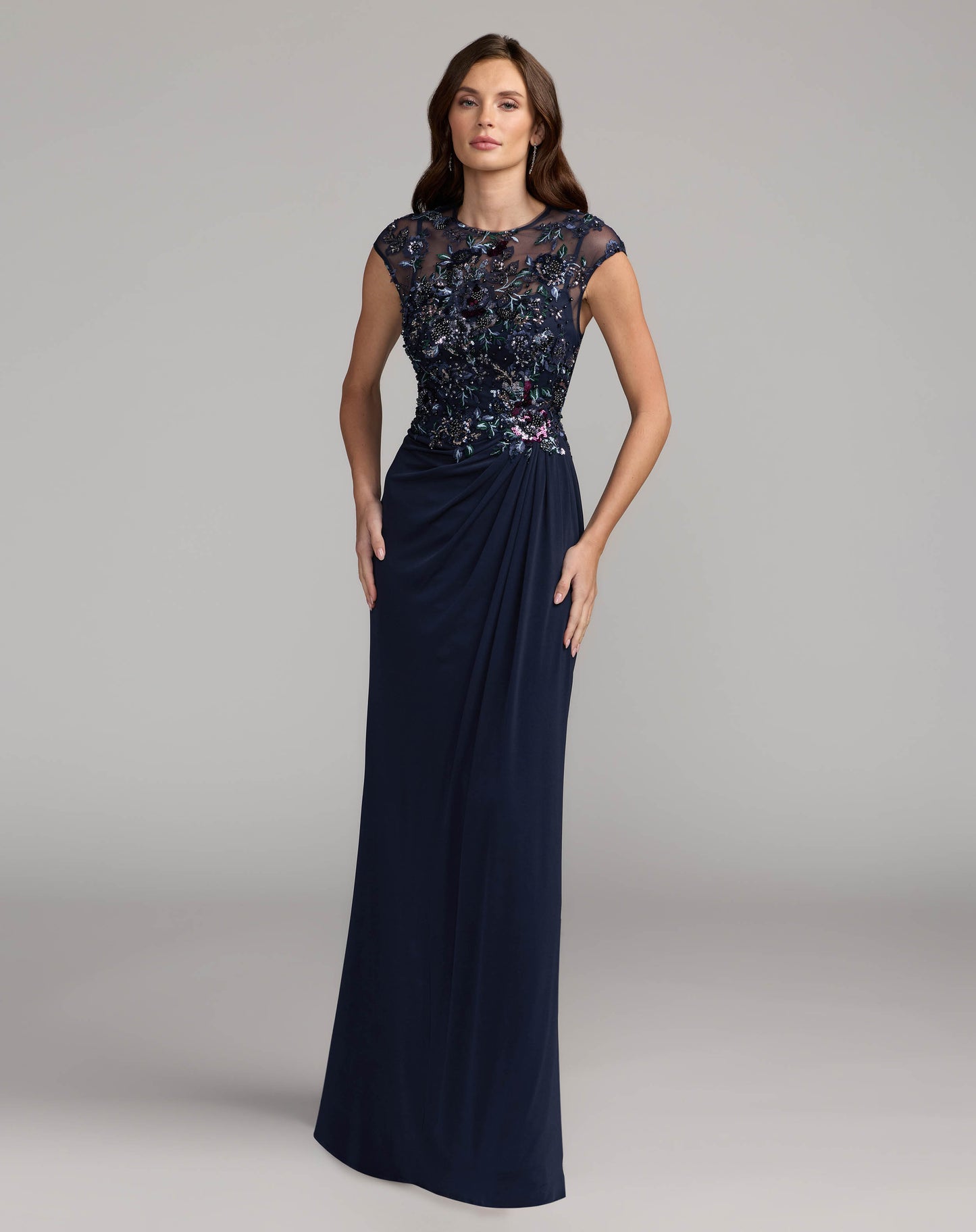 Navy Embroidered Cap Sleeve Jersey Gown - Mac Duggal