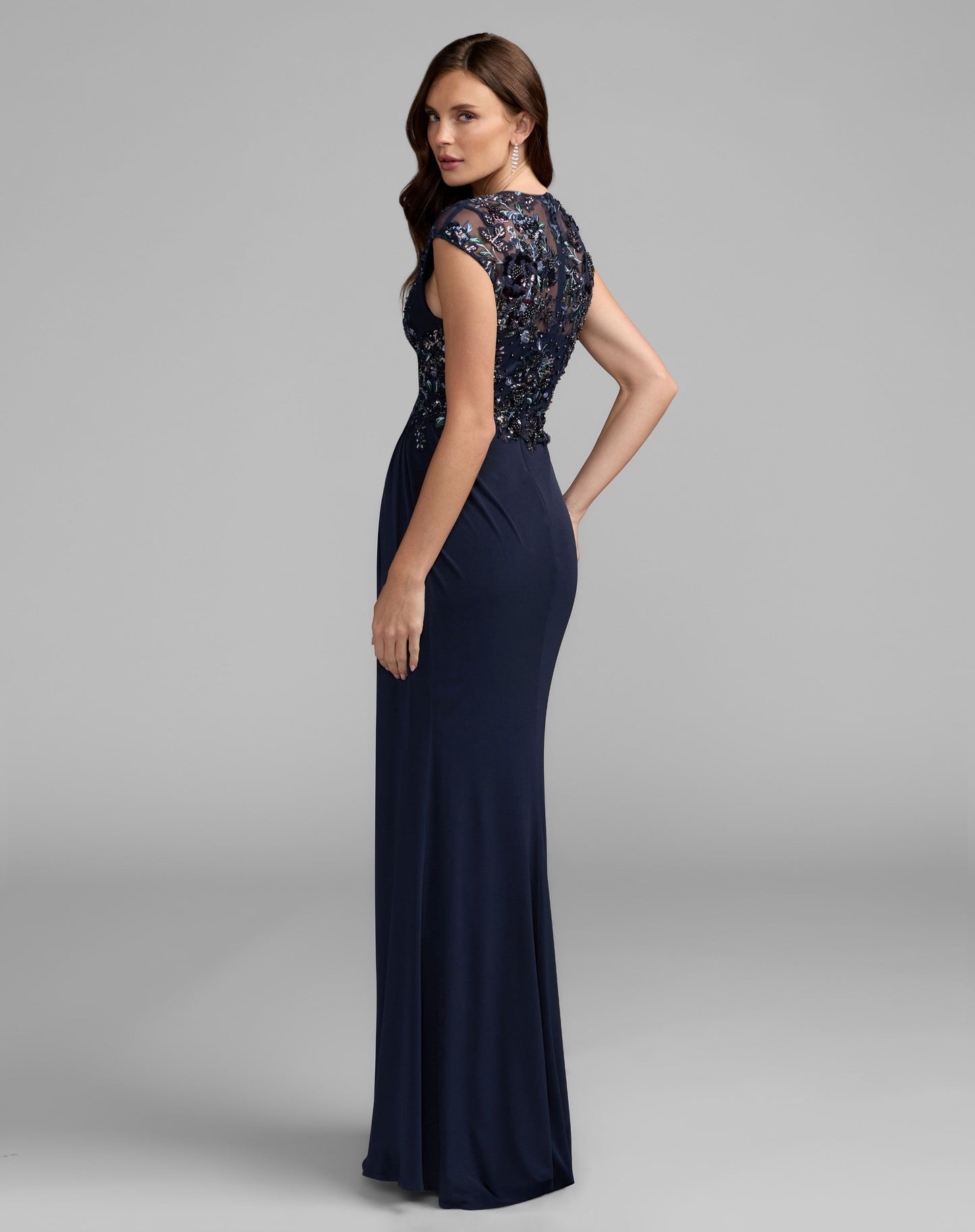 Navy Embroidered Cap Sleeve Jersey Gown - Mac Duggal