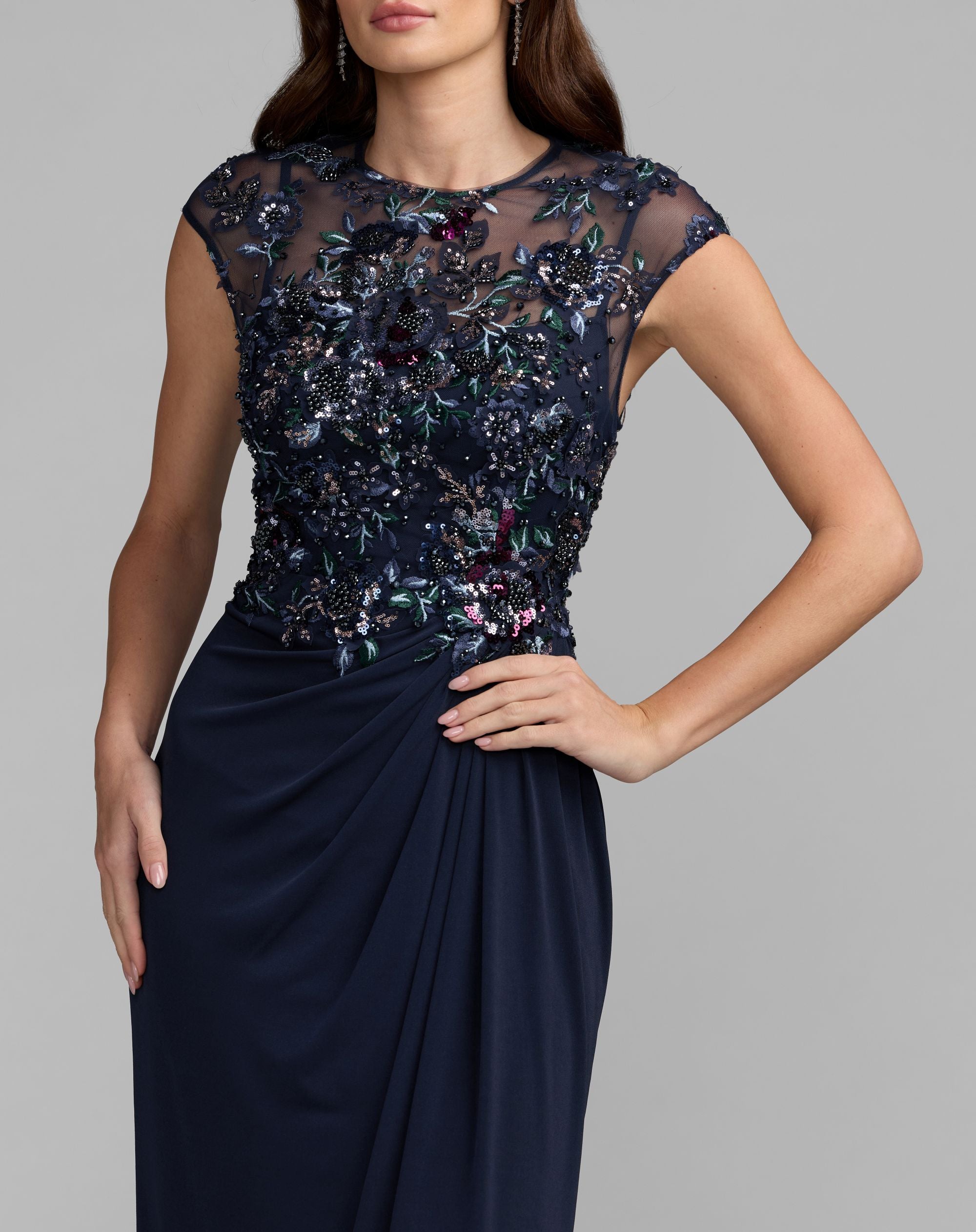 Navy Embroidered Cap Sleeve Jersey Gown - Mac Duggal