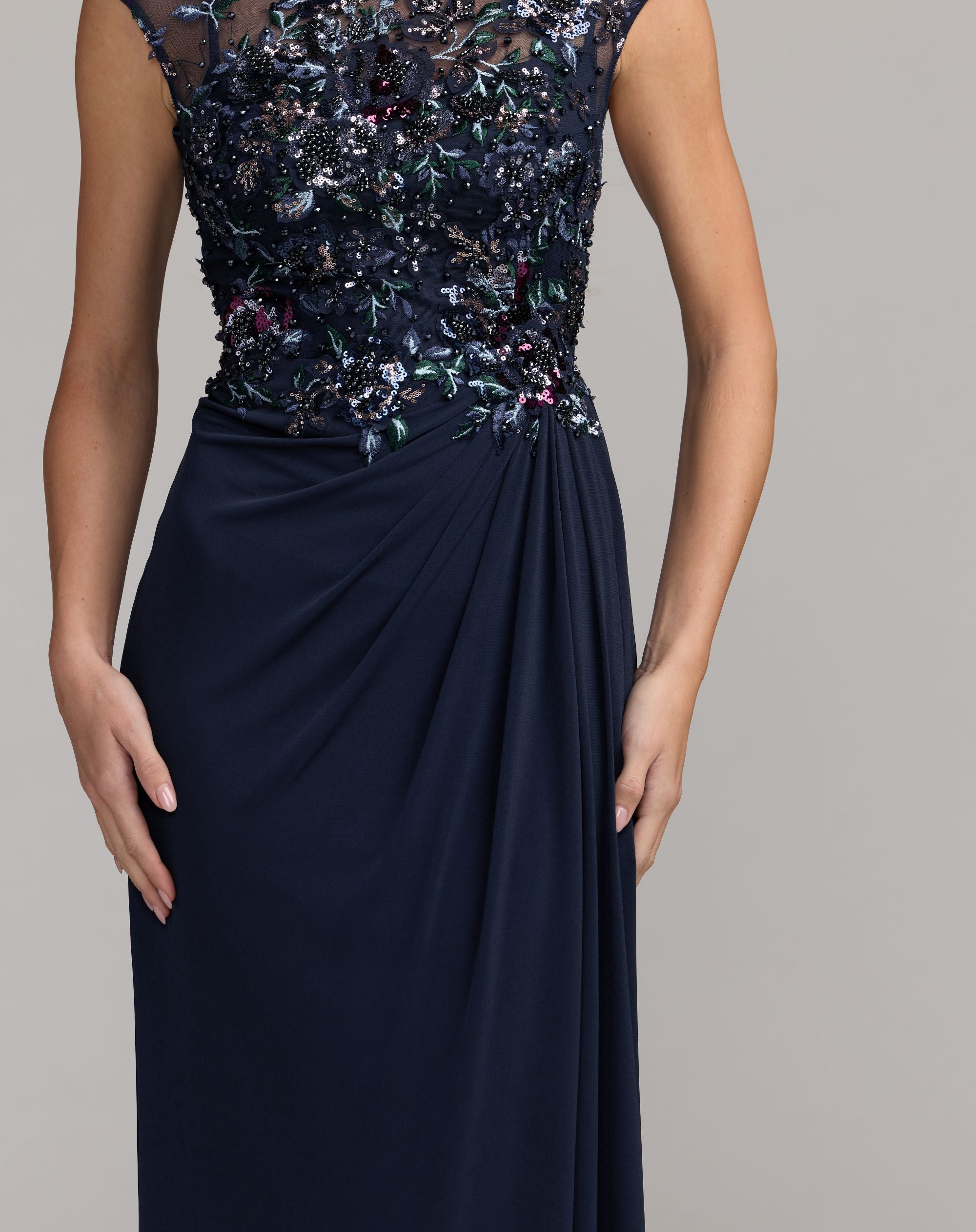 Navy Embroidered Cap Sleeve Jersey Gown - Mac Duggal