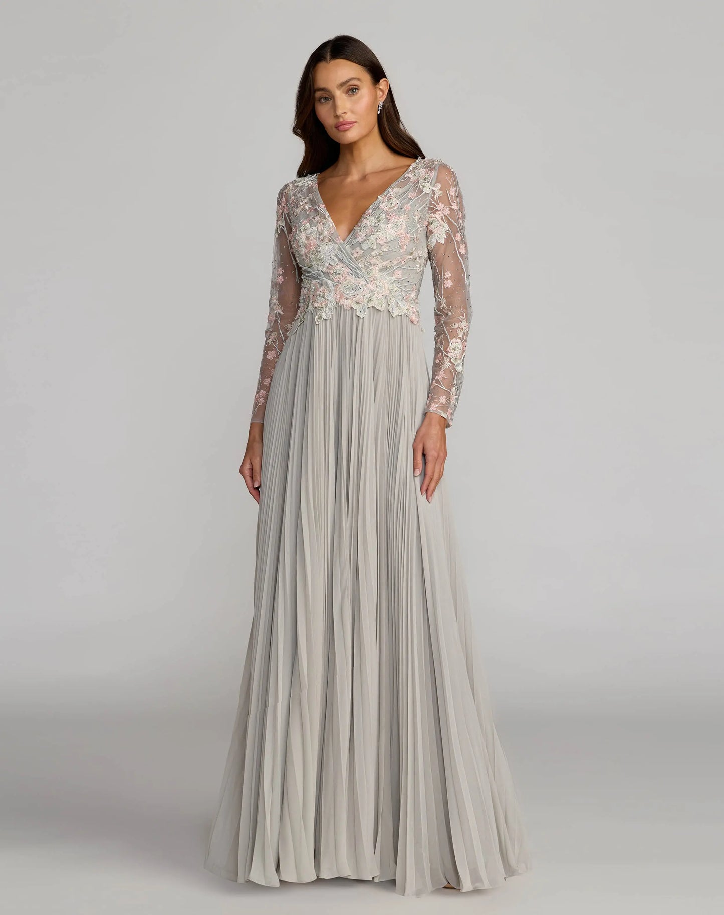 Gray Long Sleeve Embroidered Chiffon A-Line Gown