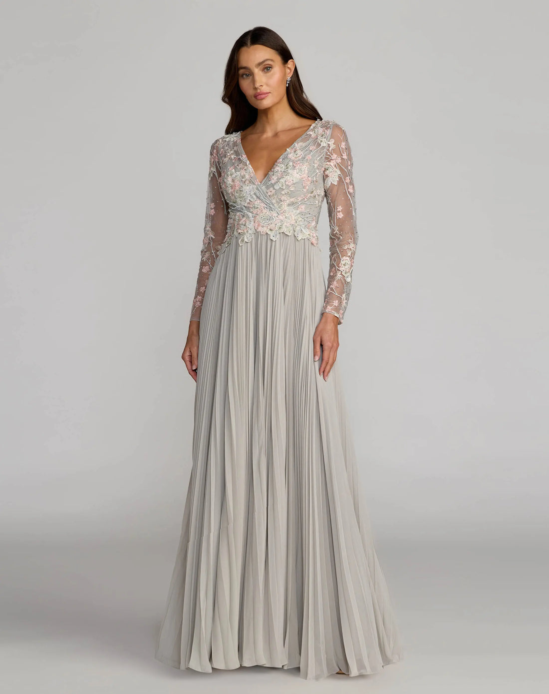 Gray Long Sleeve Embroidered Chiffon A-Line Gown