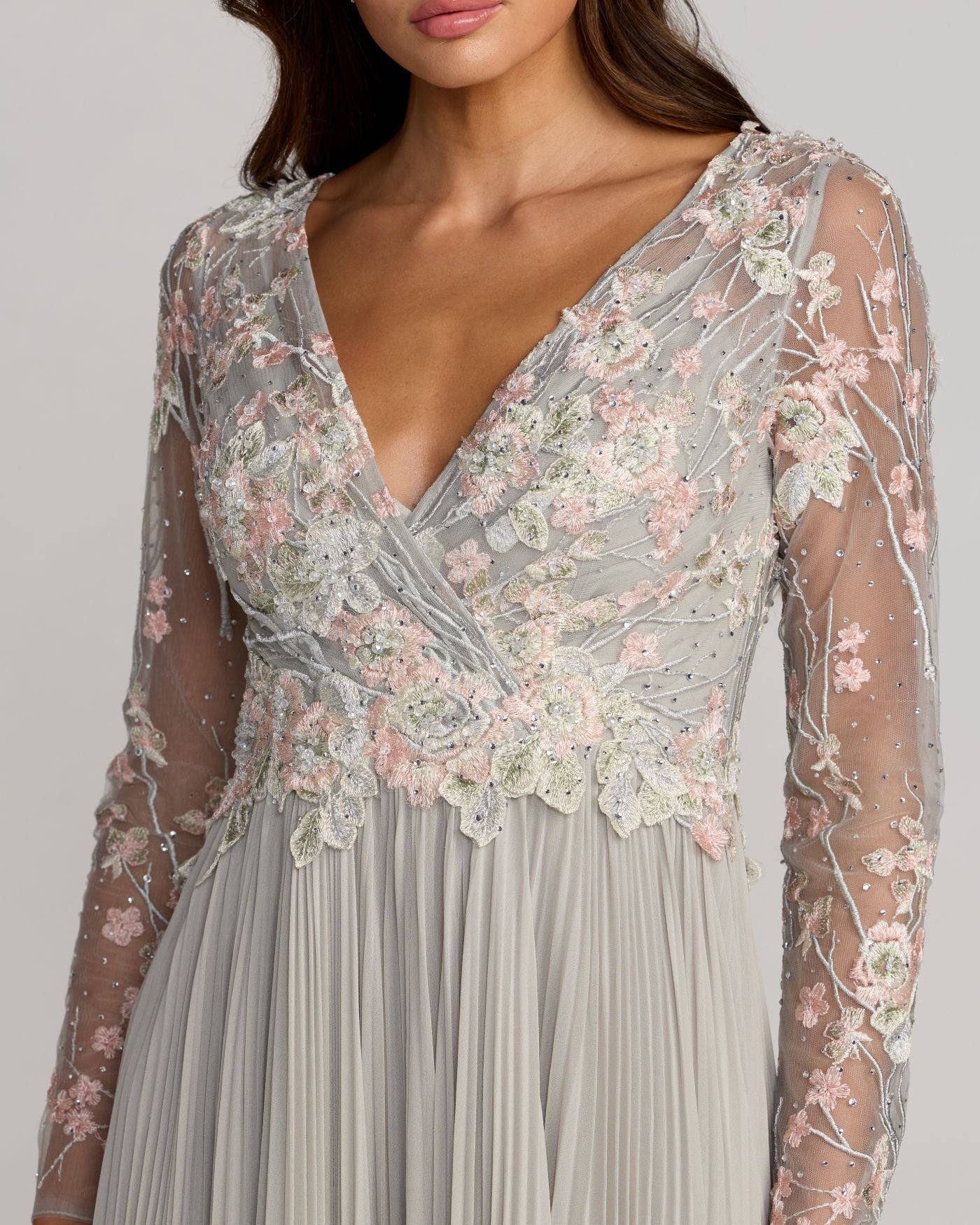 Gray Long Sleeve Chiffon Embroidered A Line Gown Mac Duggal