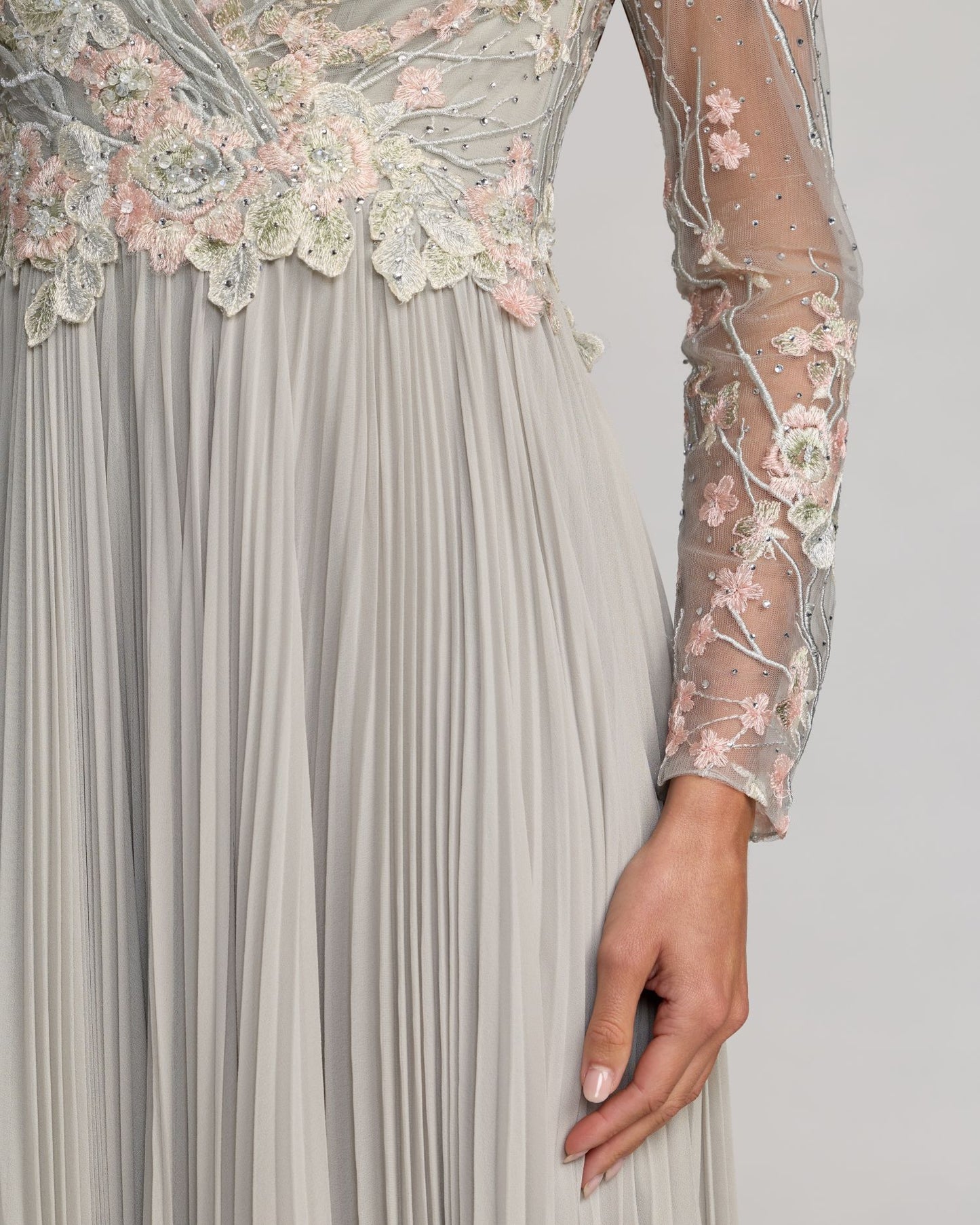 Gray Long Sleeve Chiffon Embroidered A Line Gown Mac Duggal