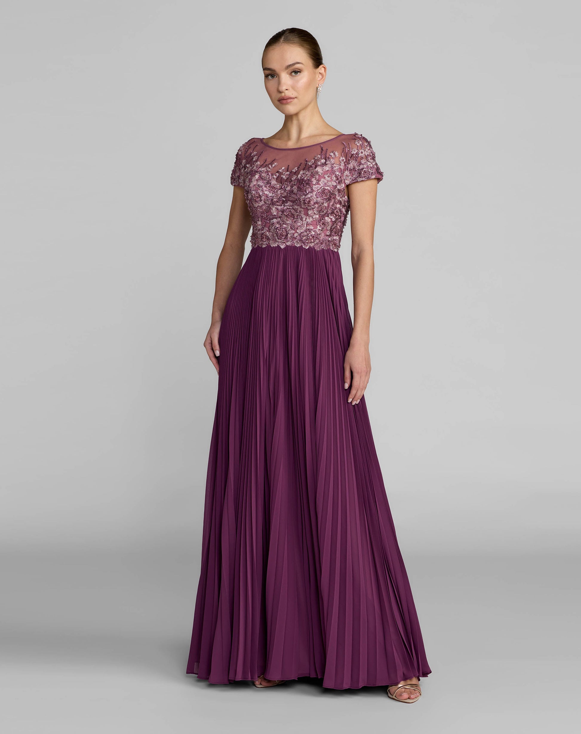 Purple Embroidered Cap Sleeve Pleated Gown