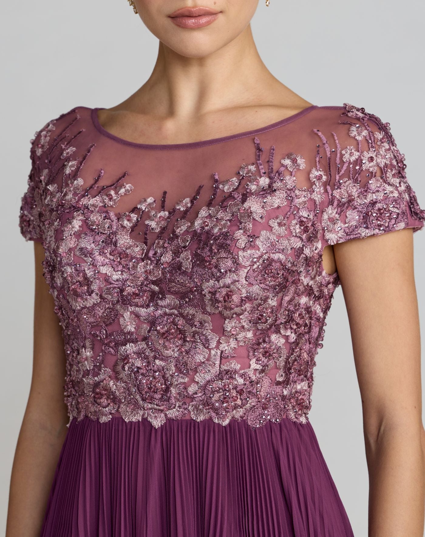 Purple Embroidered Cap Sleeve Pleated Gown Mac Duggal