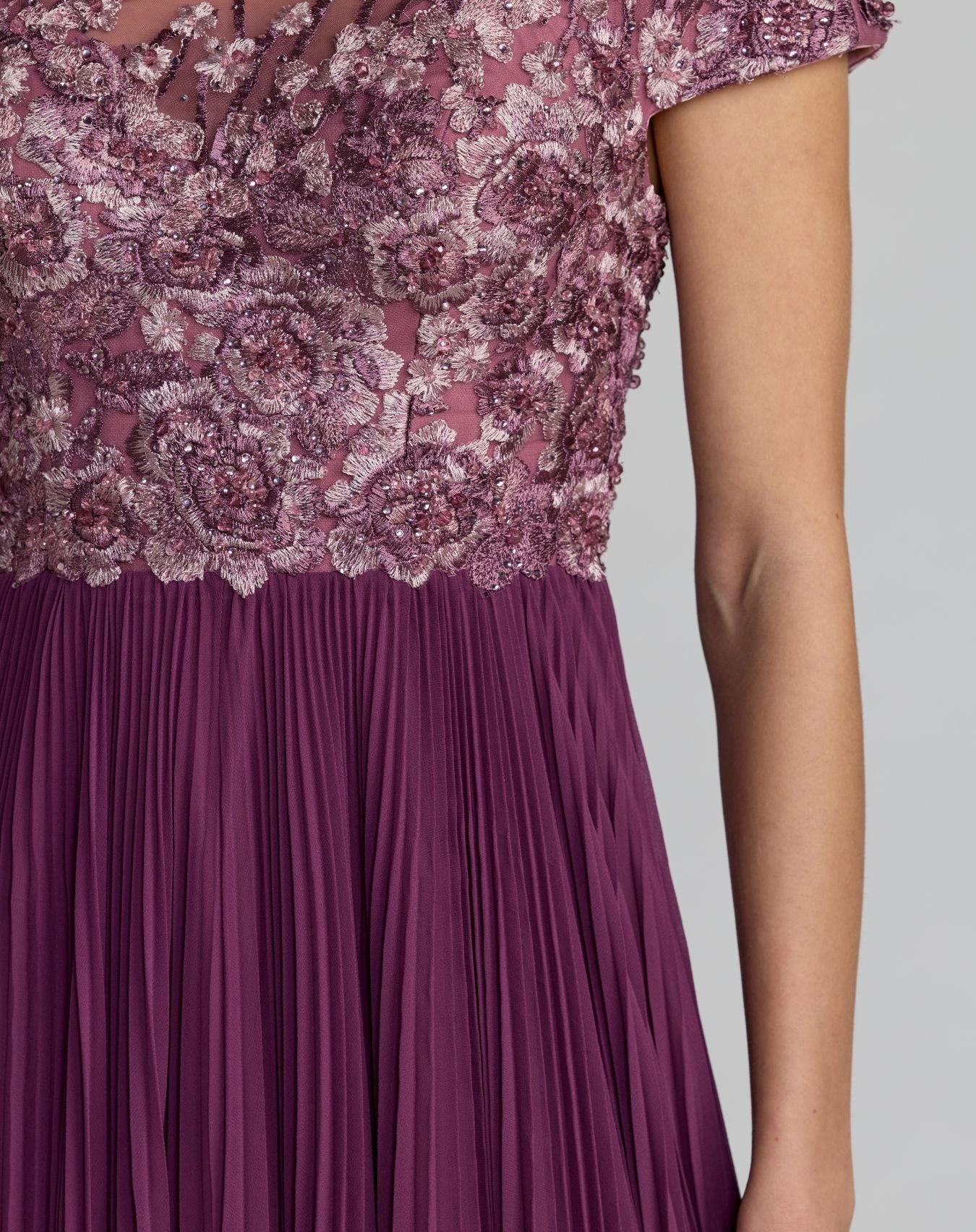 Purple Embroidered Cap Sleeve Pleated Gown Mac Duggal