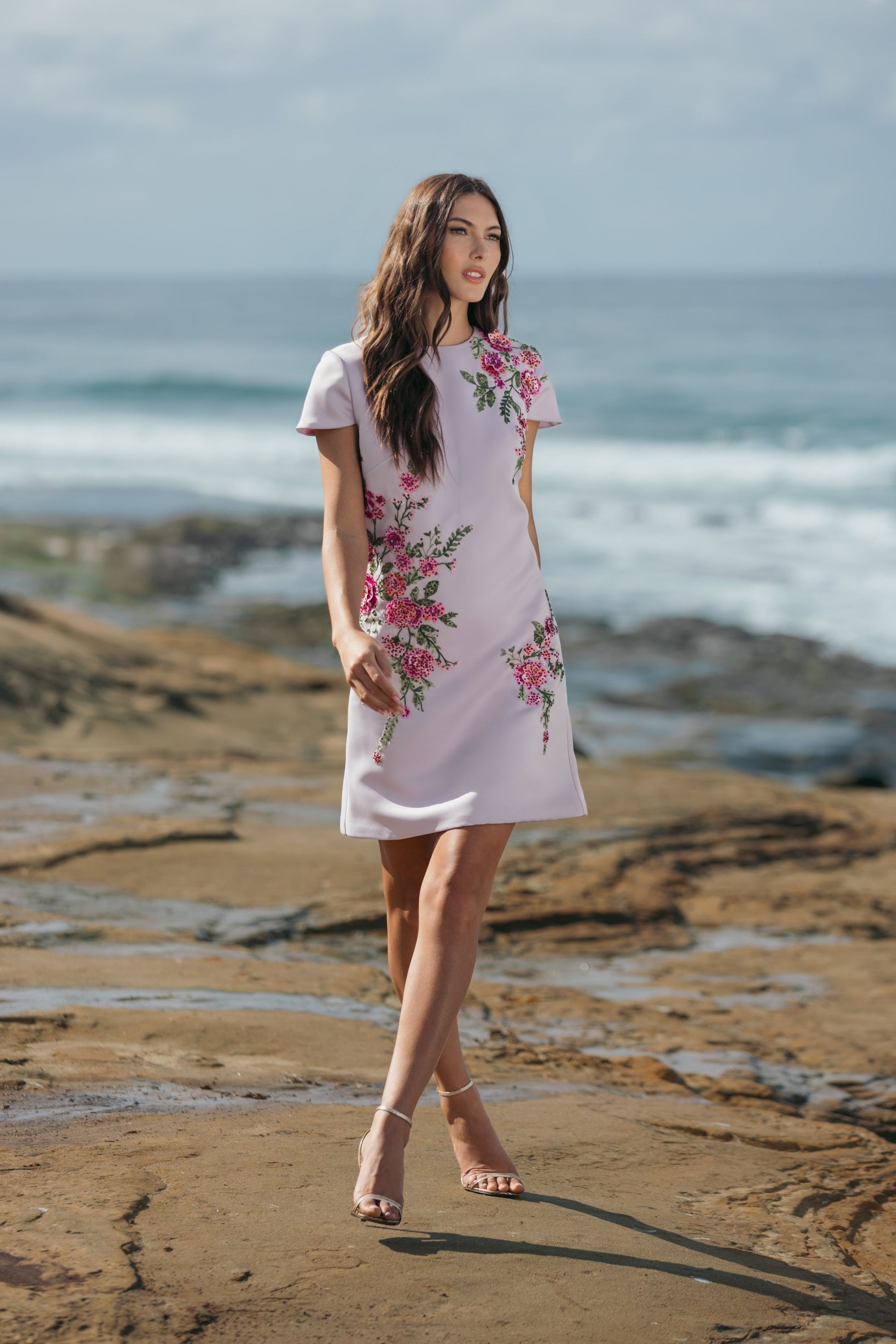 Purple Cap Sleeve Embroidered Satin Mini Dress - Mac Duggal