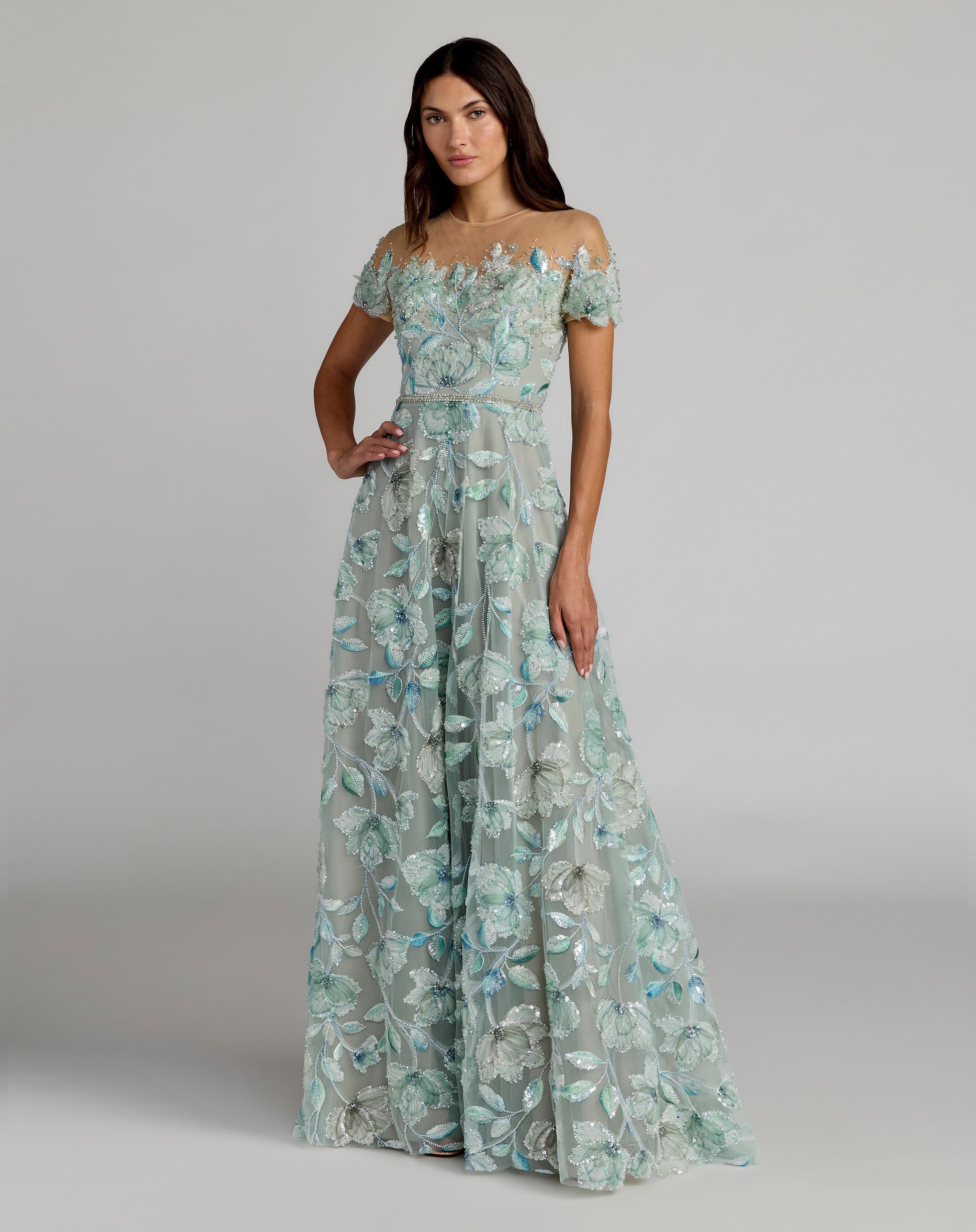 Green High Neck Cap Sleeve Embellished A-Line Gown - Mac Duggal