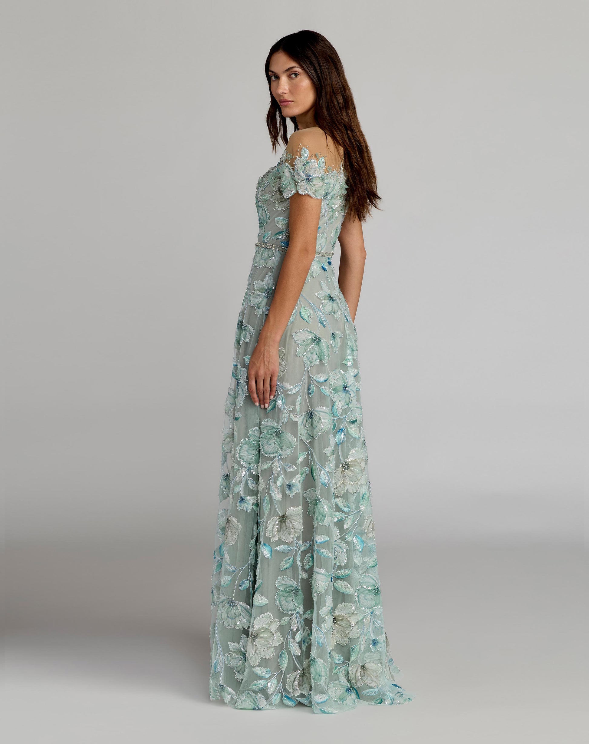 Green High Neck Cap Sleeve Embellished A-Line Gown - Mac Duggal