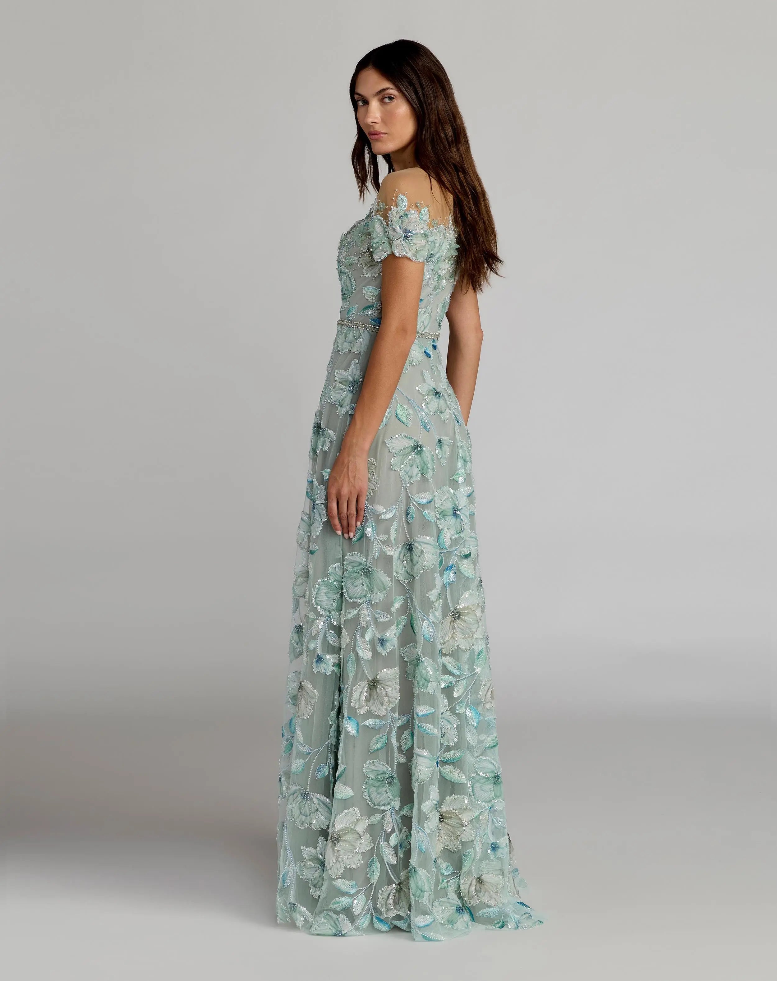 Green High Neck Cap Sleeve Embellished A-Line Gown - Mac Duggal