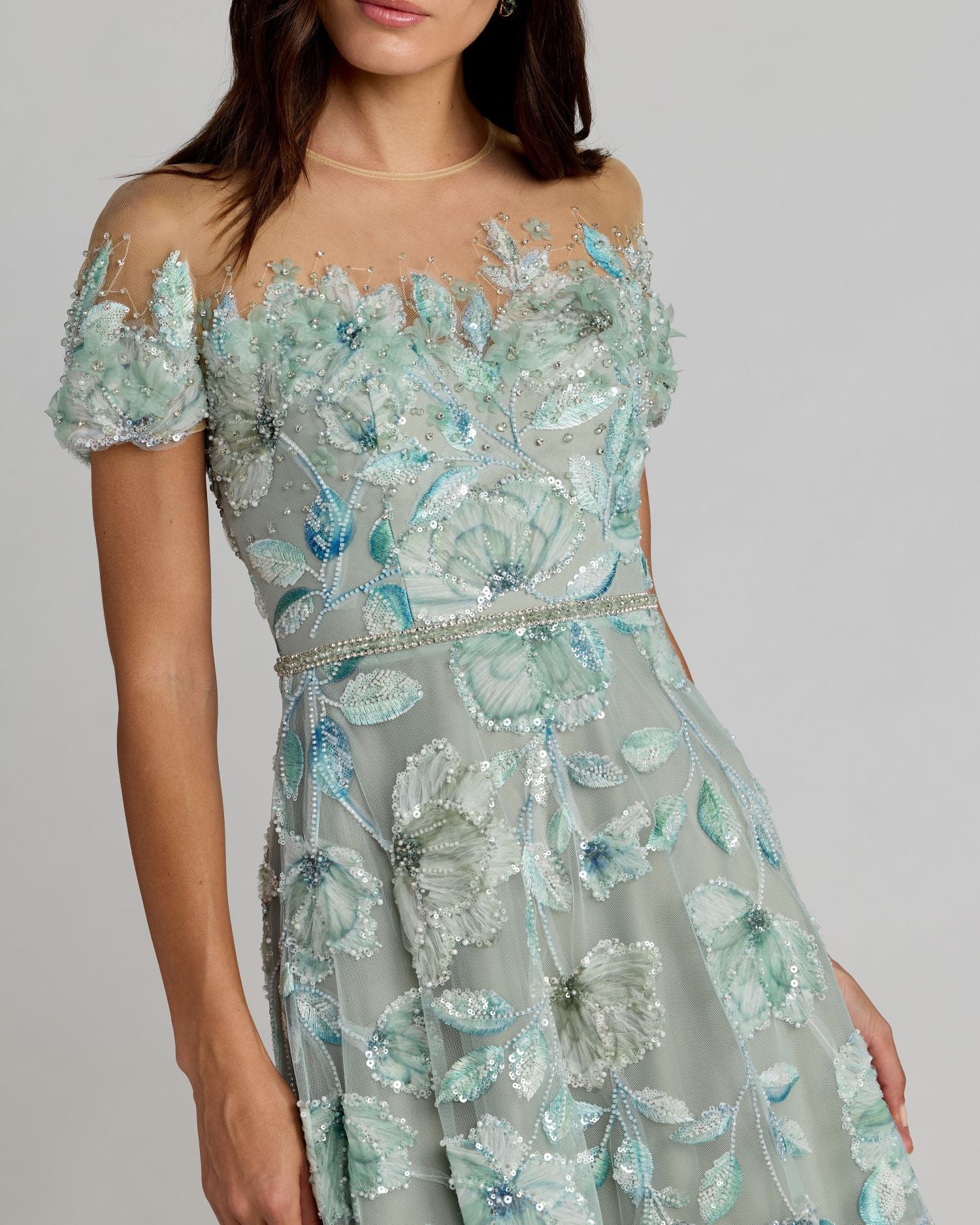 Green High Neck Cap Sleeve Embellished A-Line Gown - Mac Duggal