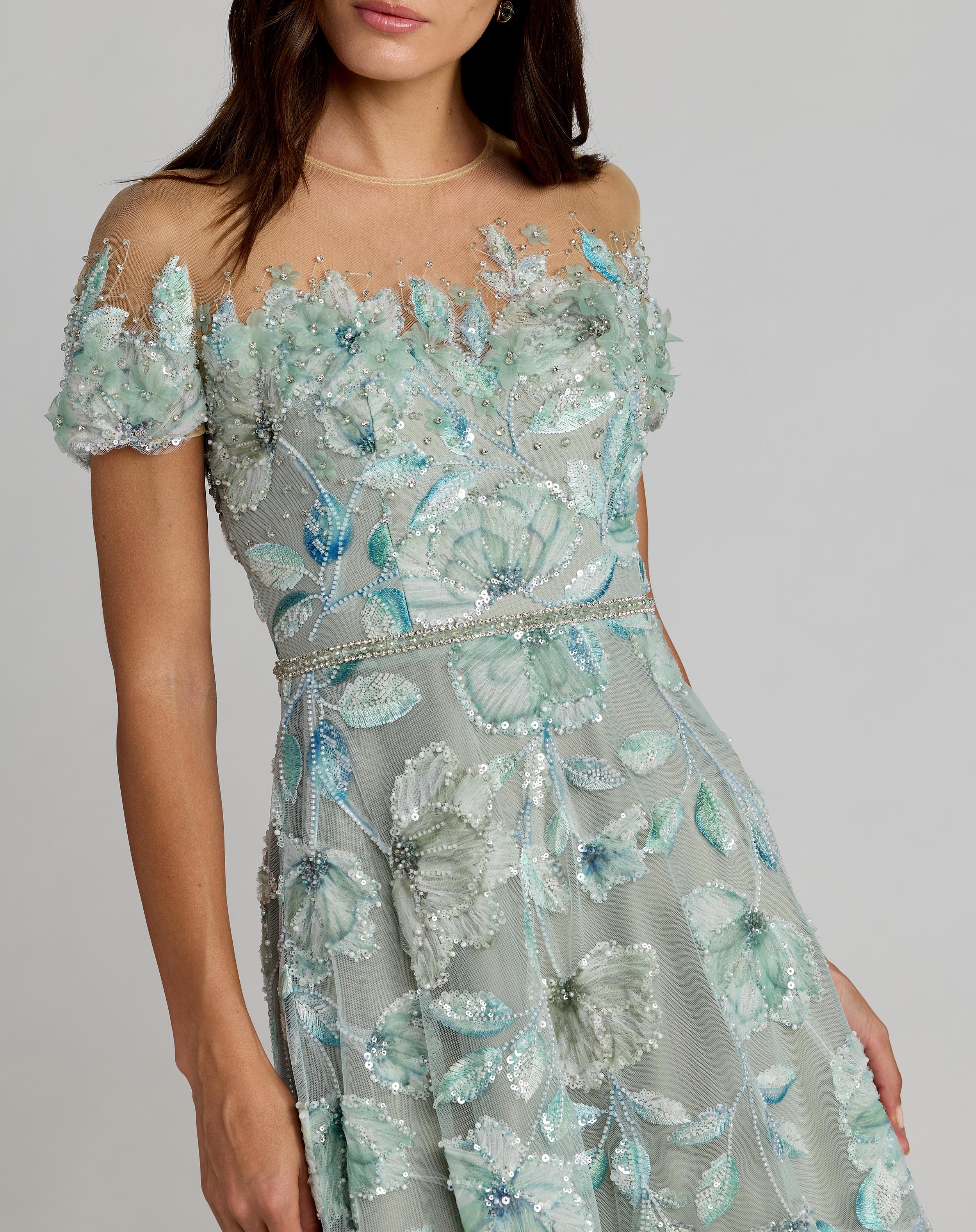 Green High Neck Cap Sleeve Embellished A-Line Gown - Mac Duggal