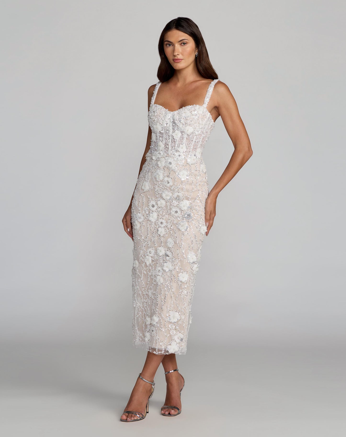 Ivory Embellished Lace Sleeveless Midi Dress - Mac Duggal