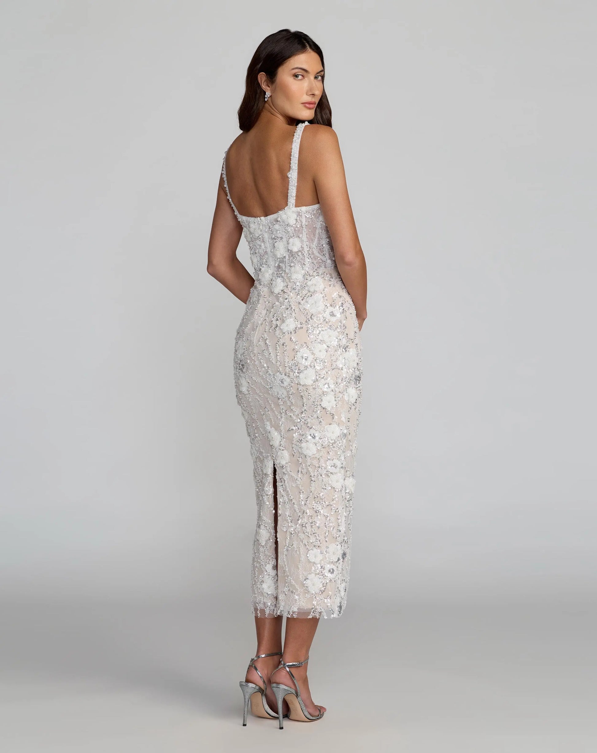 Ivory Embellished Lace Sleeveless Midi Dress | Mac Duggal Ivory Embellished Lace Sleeveless Midi Dress | Mac Duggal