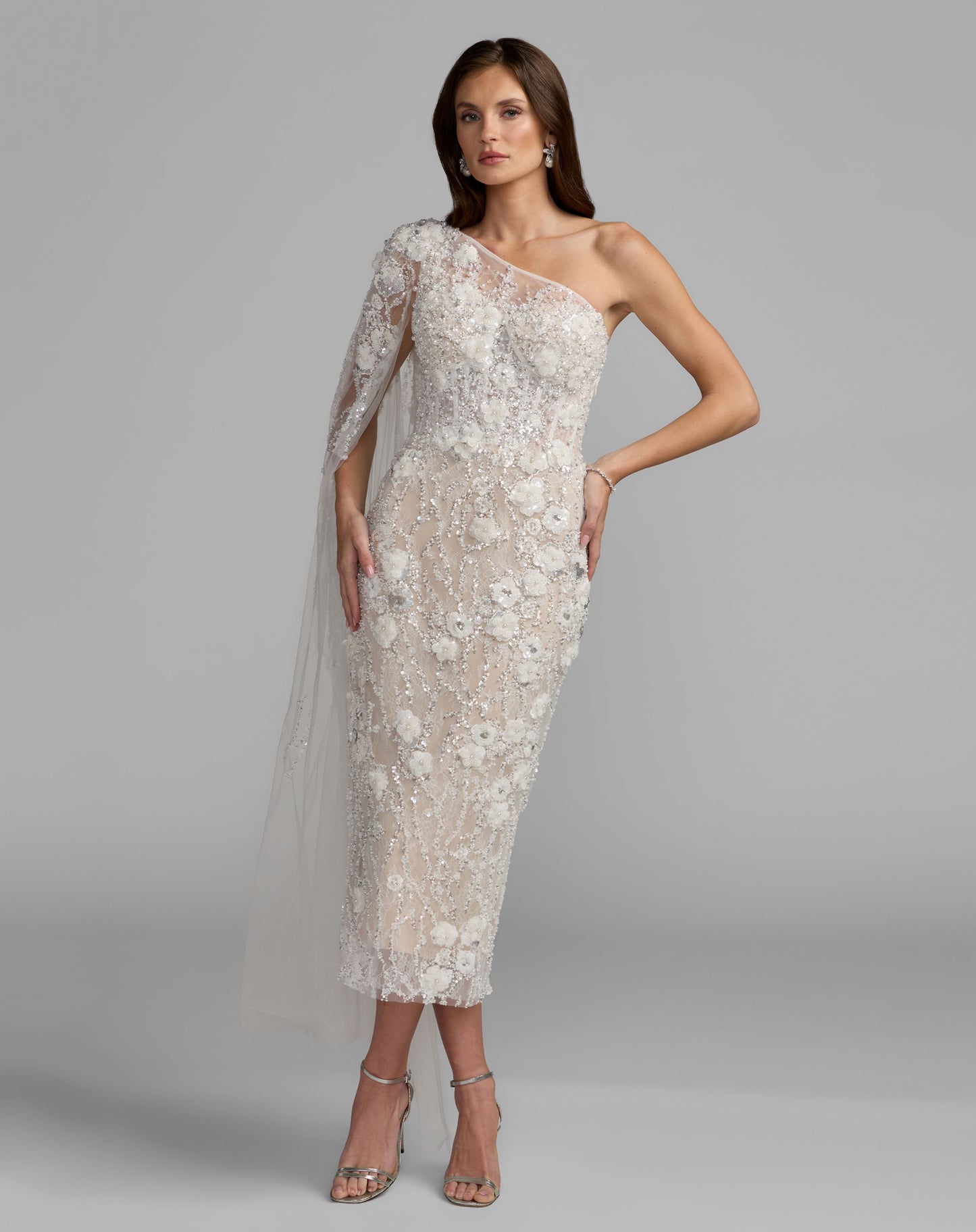 White Beaded One Shoulder Corset Midi Dress - Mac Duggal