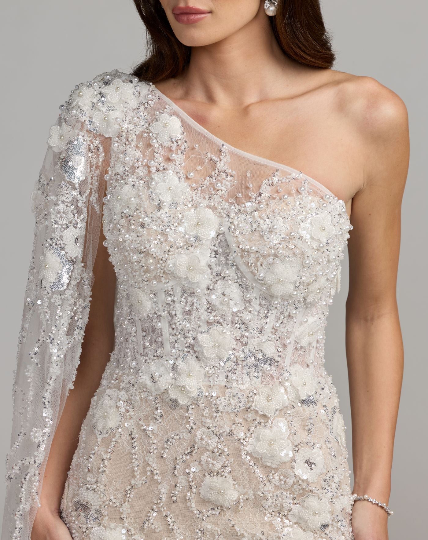 White Beaded One Shoulder Corset Midi Dress - Mac Duggal