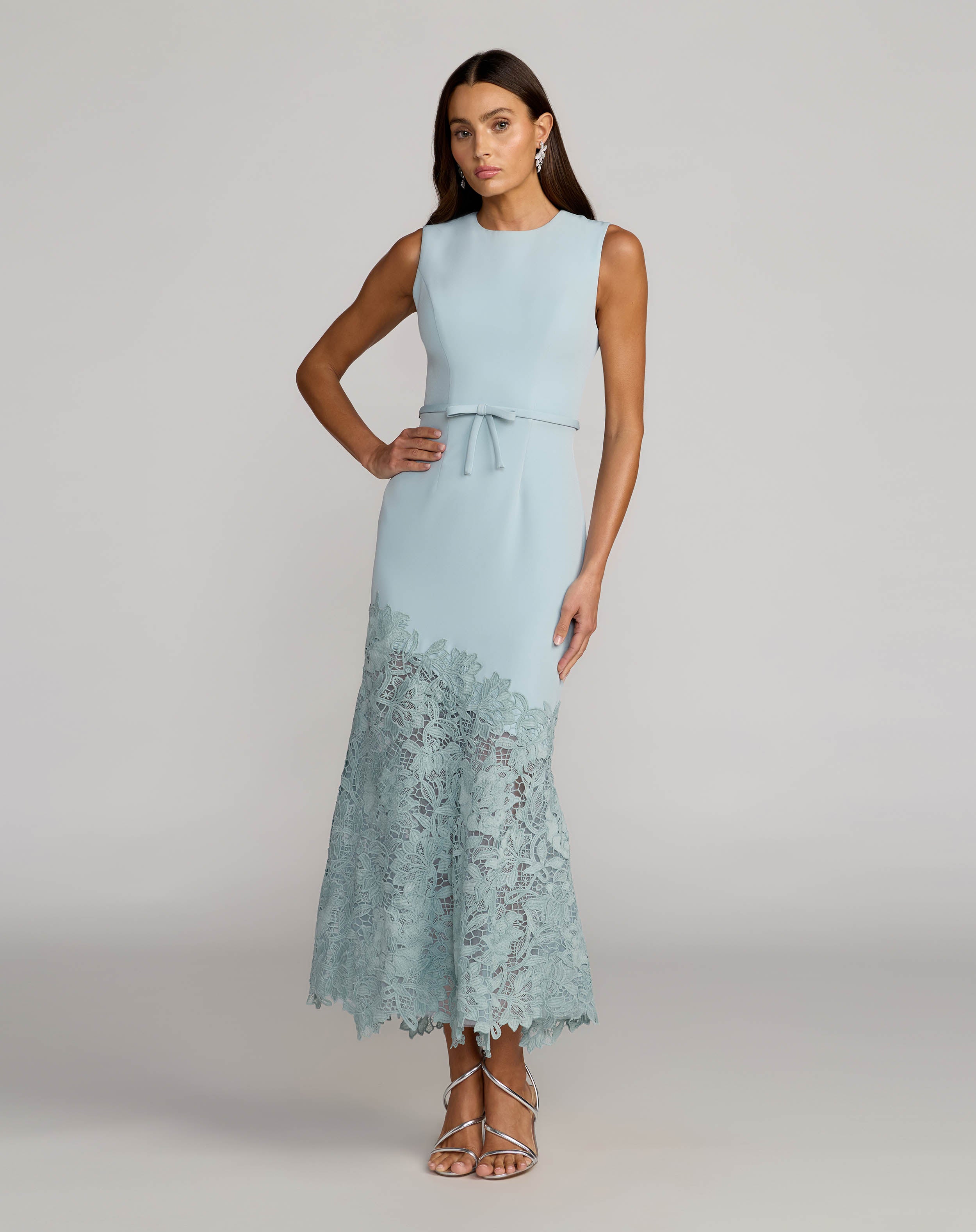 Blue Embroidered Hem Sleeveless Midi Dress with Bow ieena for Mac Duggal
