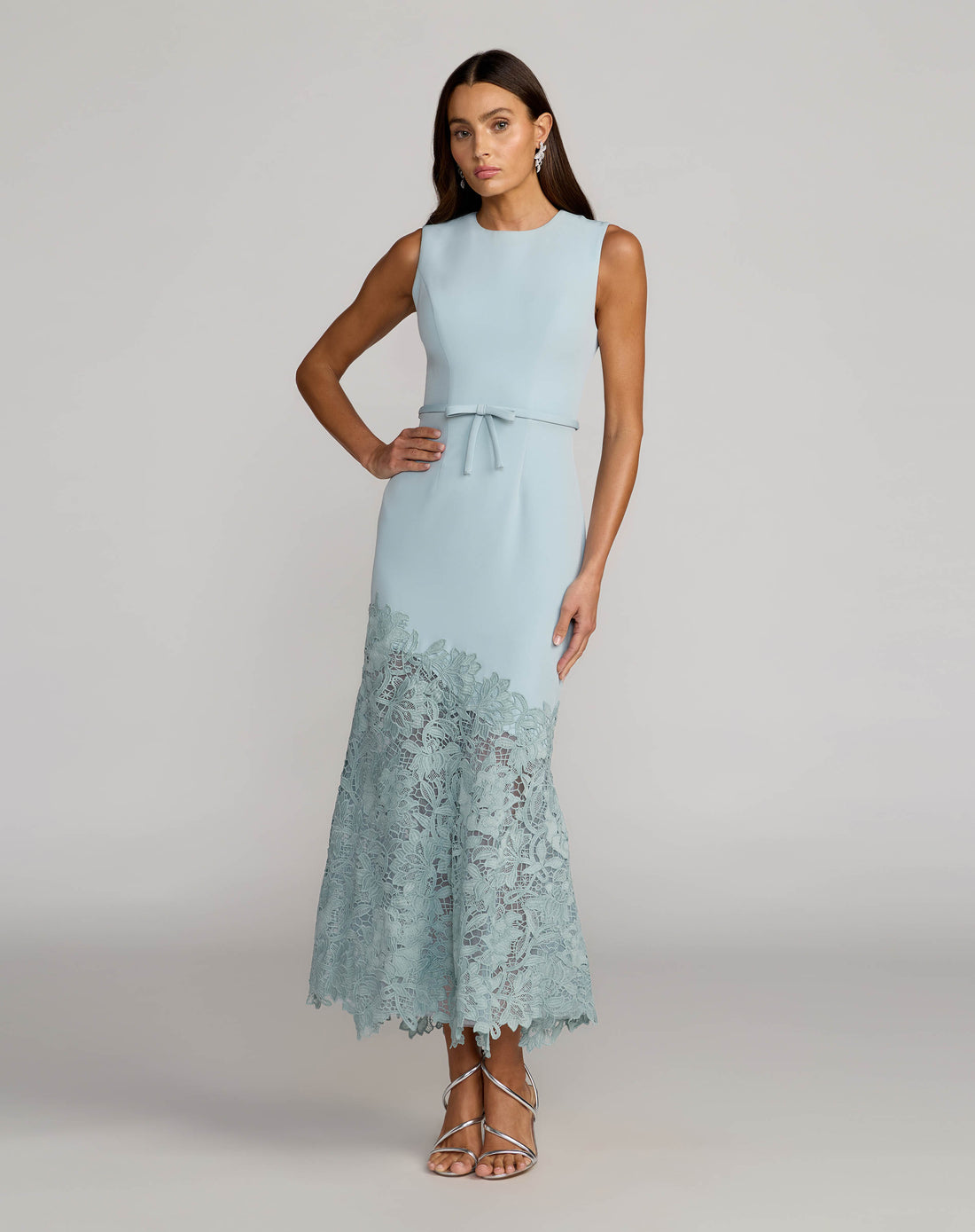 Blue Embroidered Hem Sleeveless Midi Dress with Bow ieena for Mac Duggal