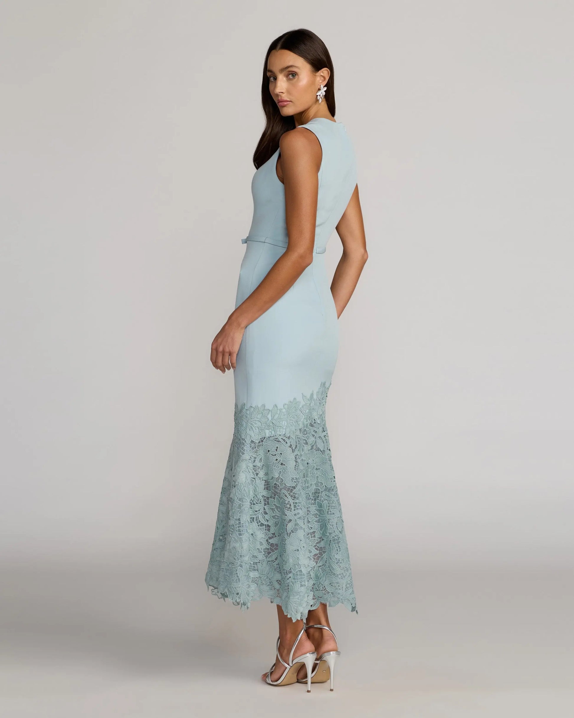 Blue Embroidered Hem Sleeveless Midi Dress with Bow | Mac Duggal Blue Embroidered Hem Sleeveless Midi Dress with Bow | Mac Duggal