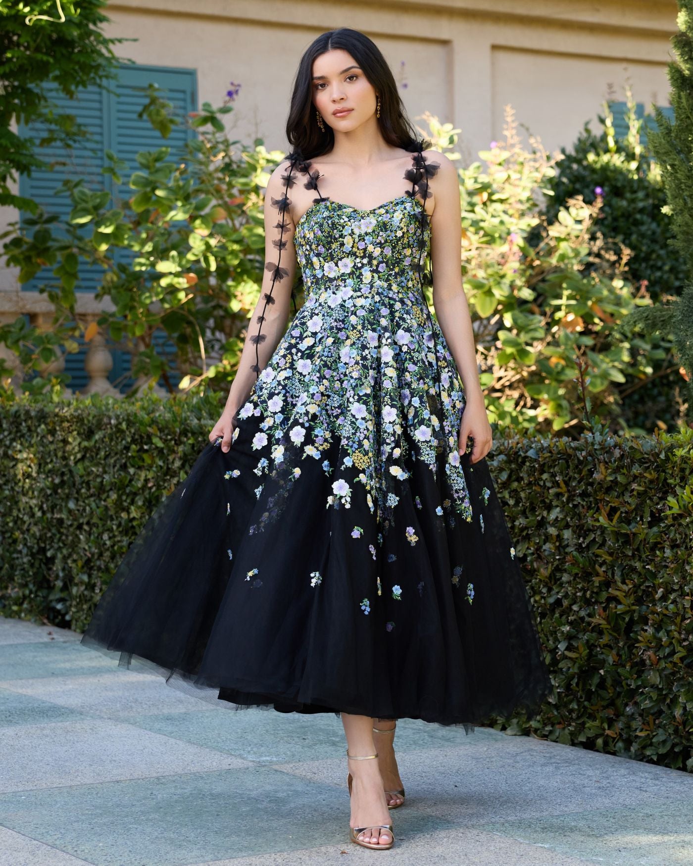 Black Floral Embroidered Sweetheart Neck A-Line Dress