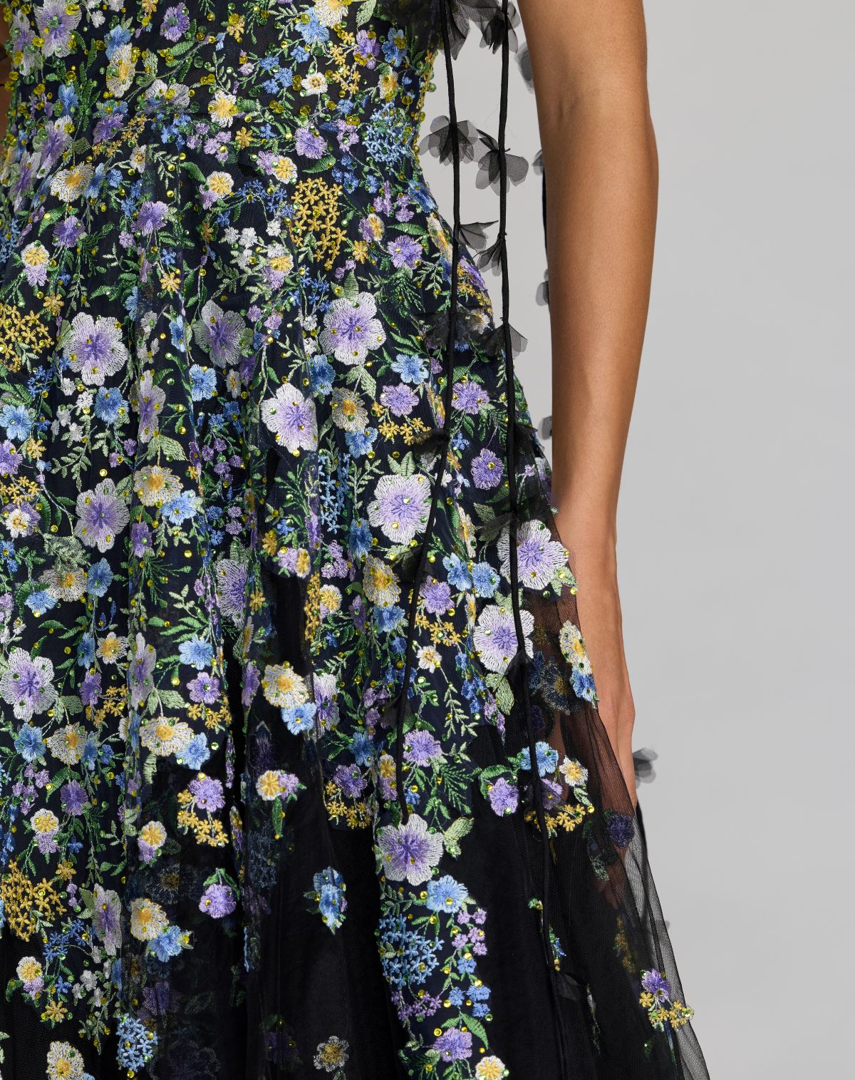 Black Floral Embroidered Sweetheart Neck A-Line Dress