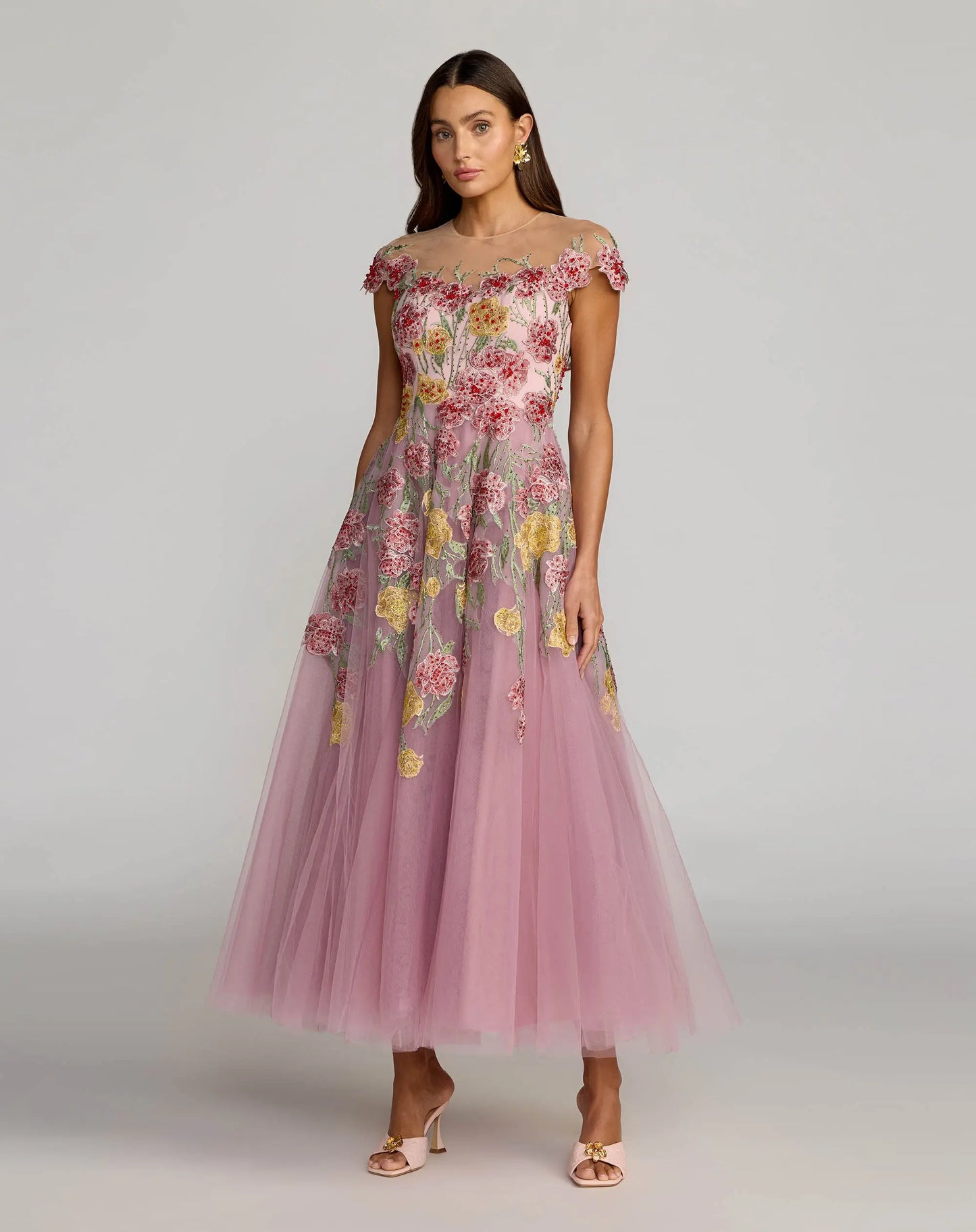 Purple Floral Embroidered Illusion Sweetheart Midi Dress Mac Duggal