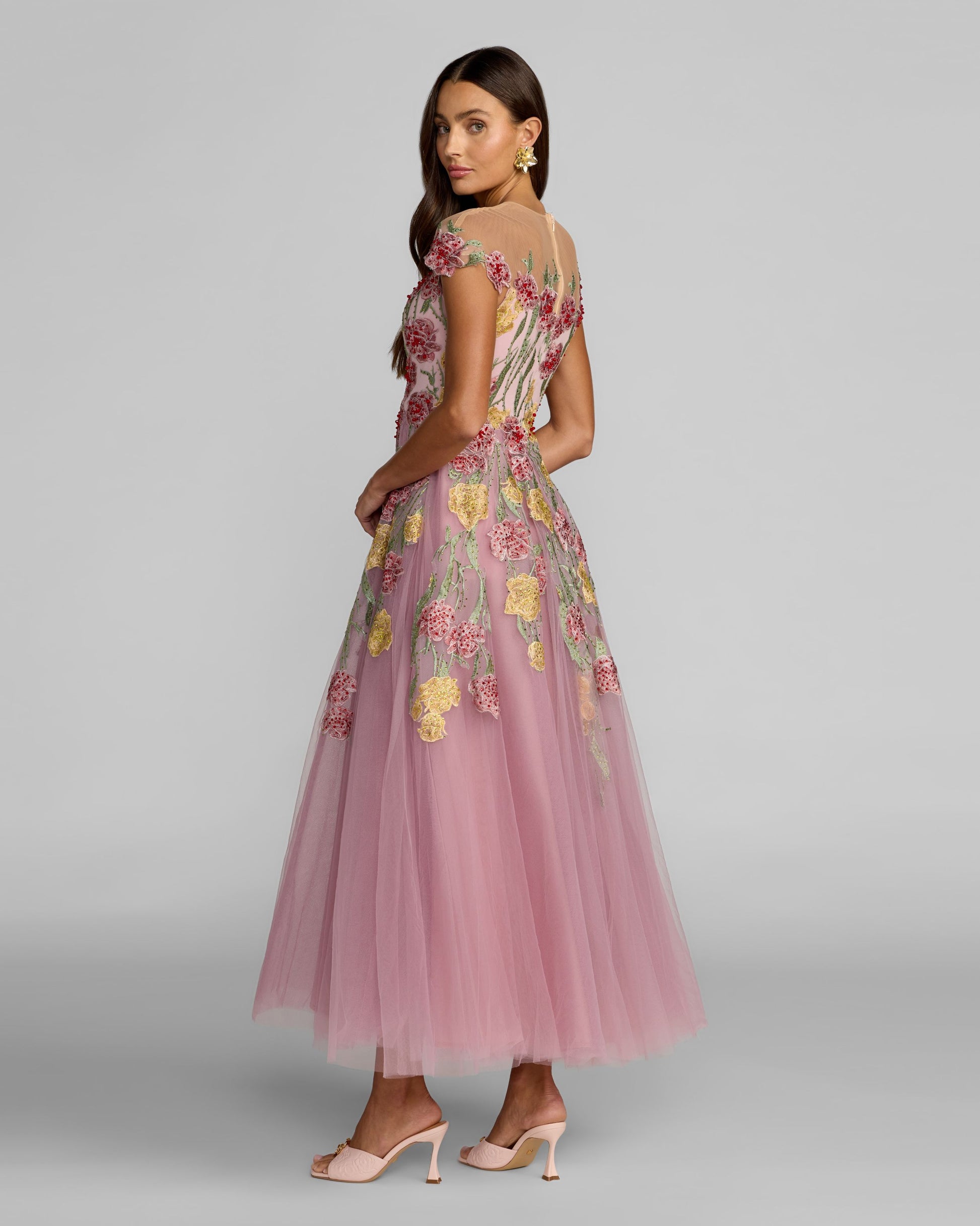Purple Floral Embroidered Illusion Sweetheart Midi Dress Mac Duggal
