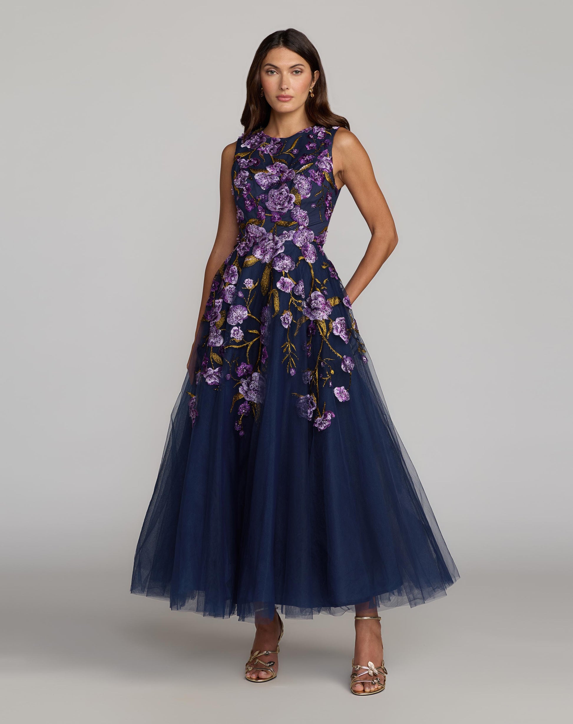 Navy Embroidered Sleeveless A-Line Midi Dress