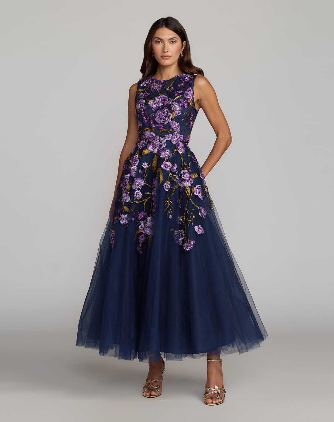 Navy Embroidered Sleeveless A-Line Midi Dress