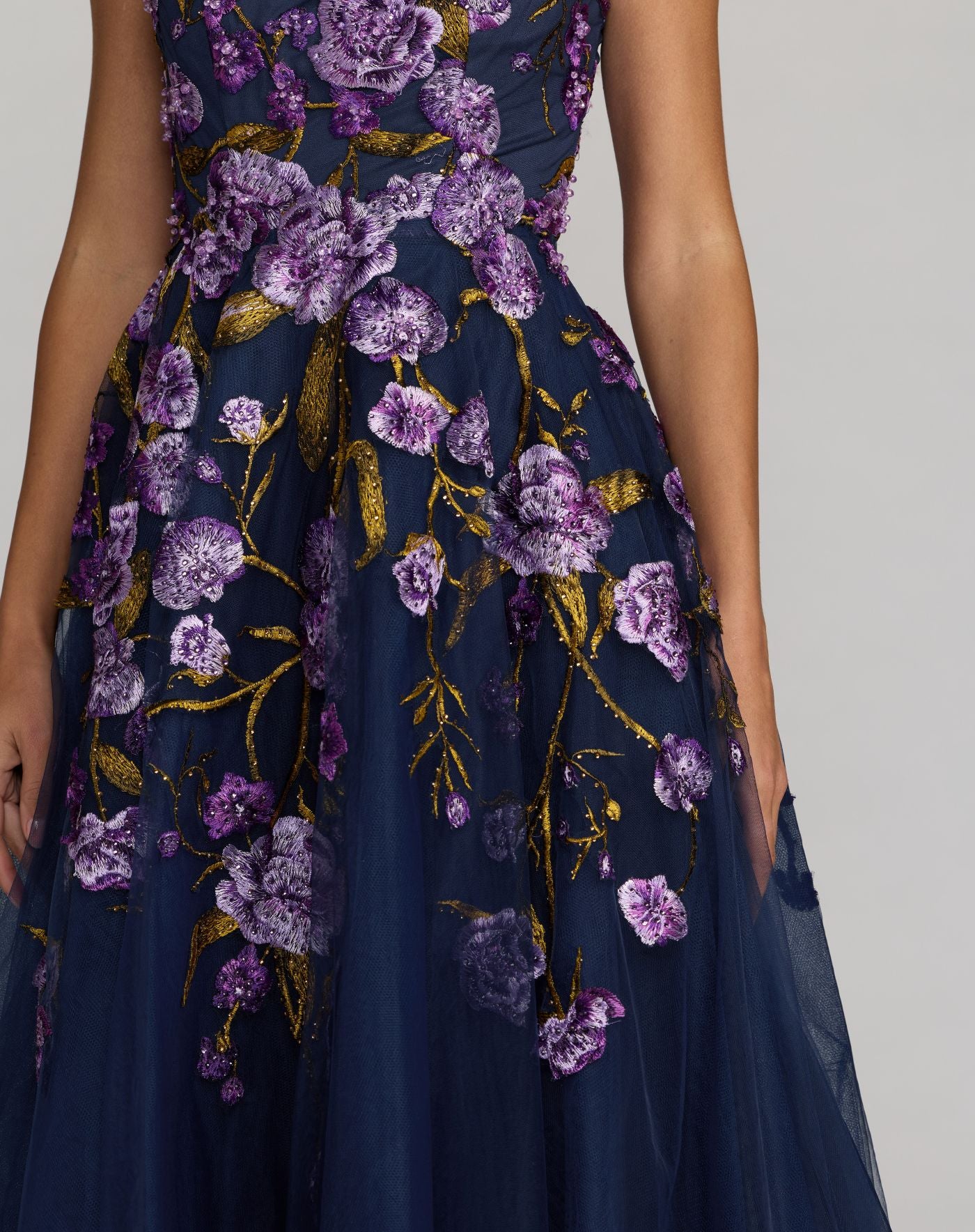 Navy Embroidered Sleeveless A-Line Midi Dress