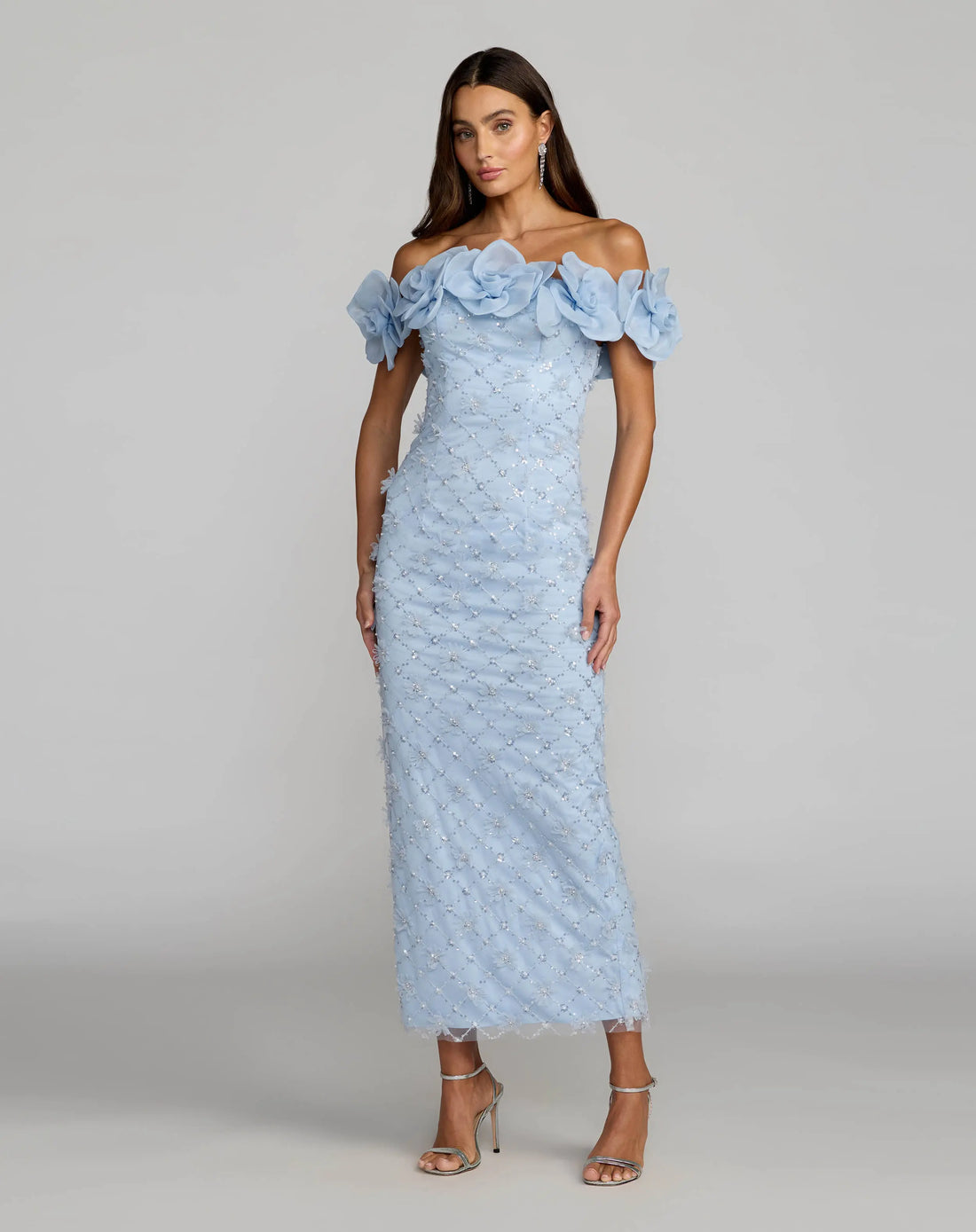 Blue Off The Shoulder Embellished Dress With 3D Flower Detail | Mac Duggal Blue Off The Shoulder Embellished Dress With 3D Flower Detail | Mac Duggal