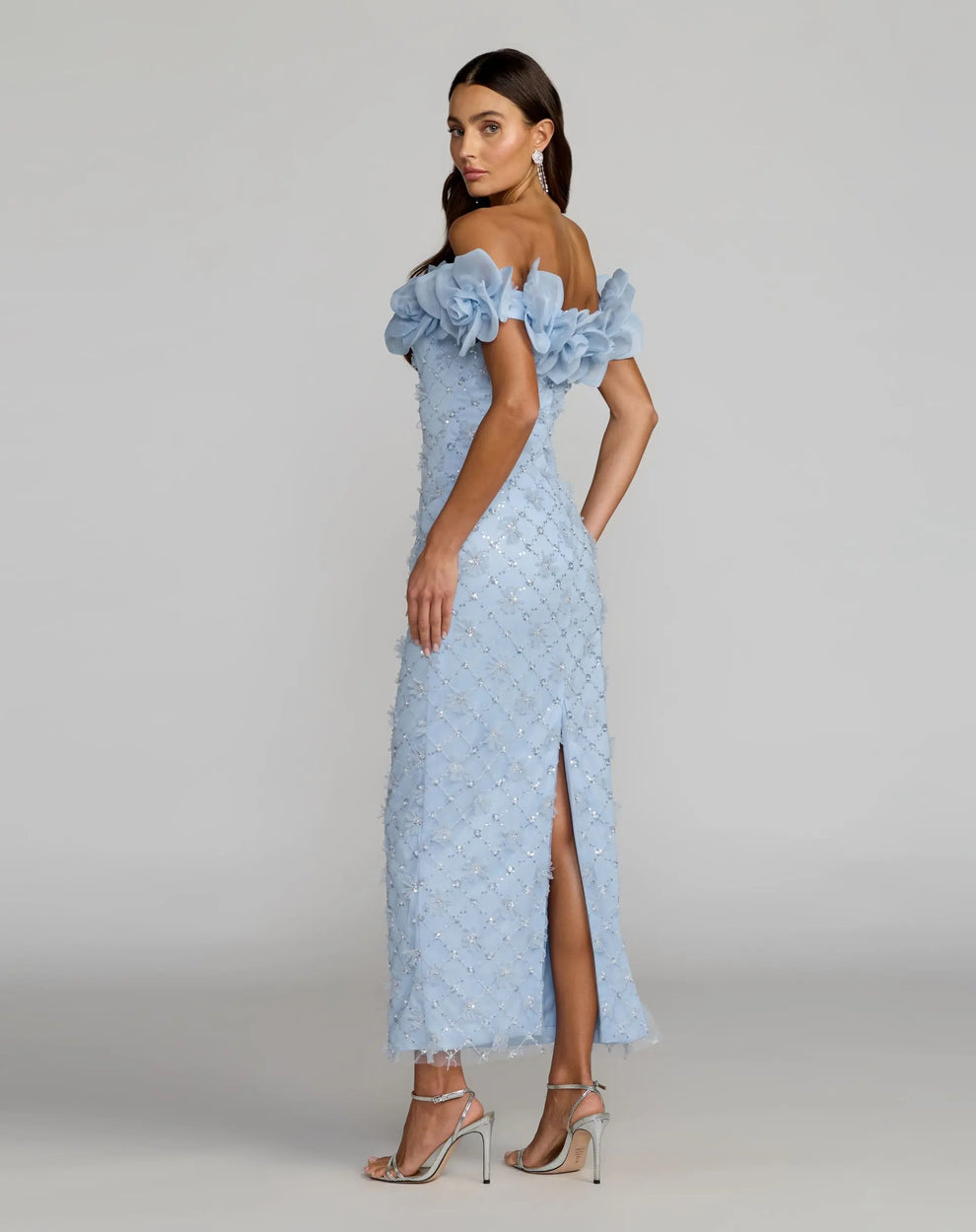 Blue Off The Shoulder Embellished Dress With 3D Flower Detail
