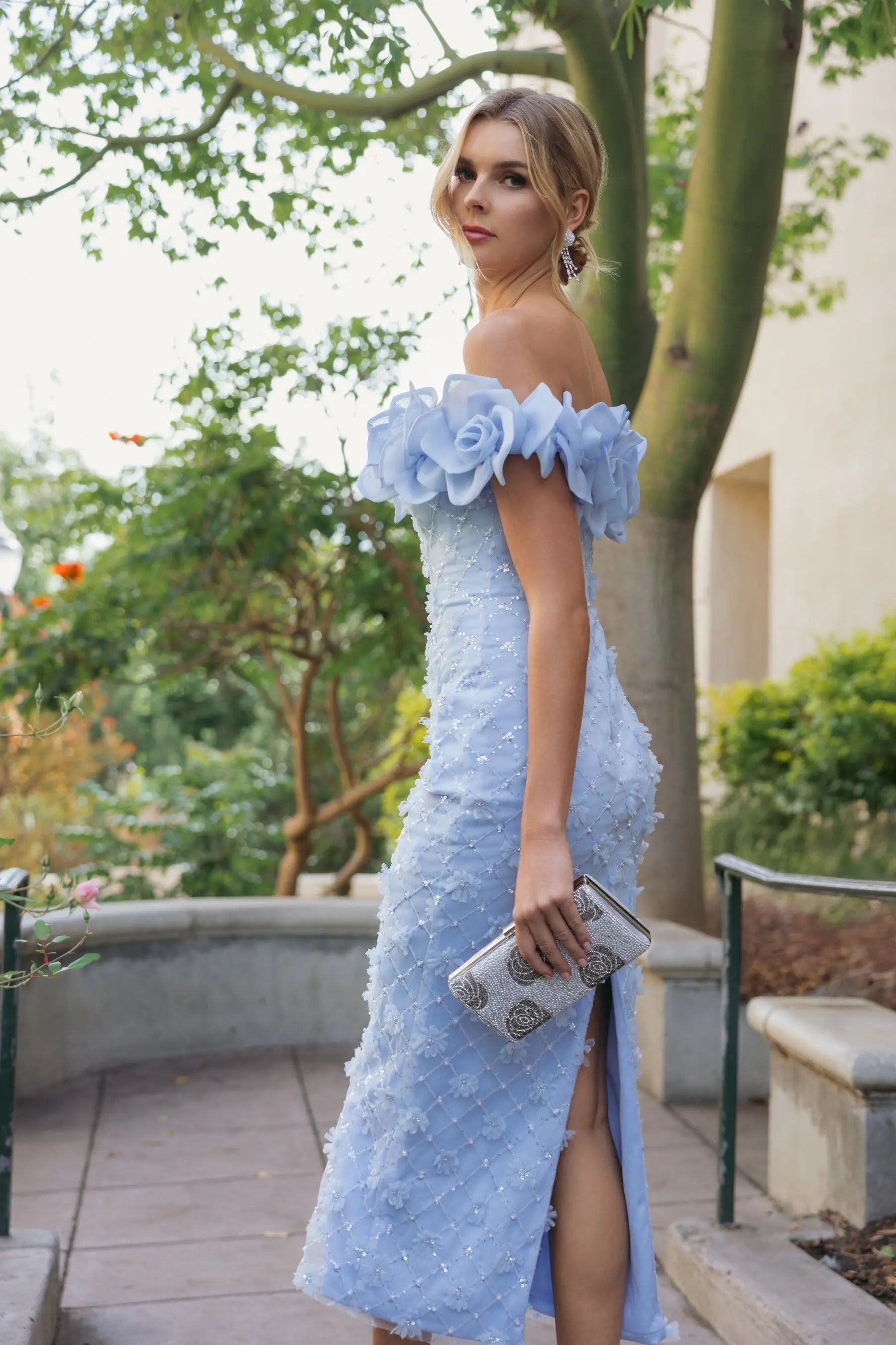 Blue Off The Shoulder Embellished Dress With 3D Flower Detail
