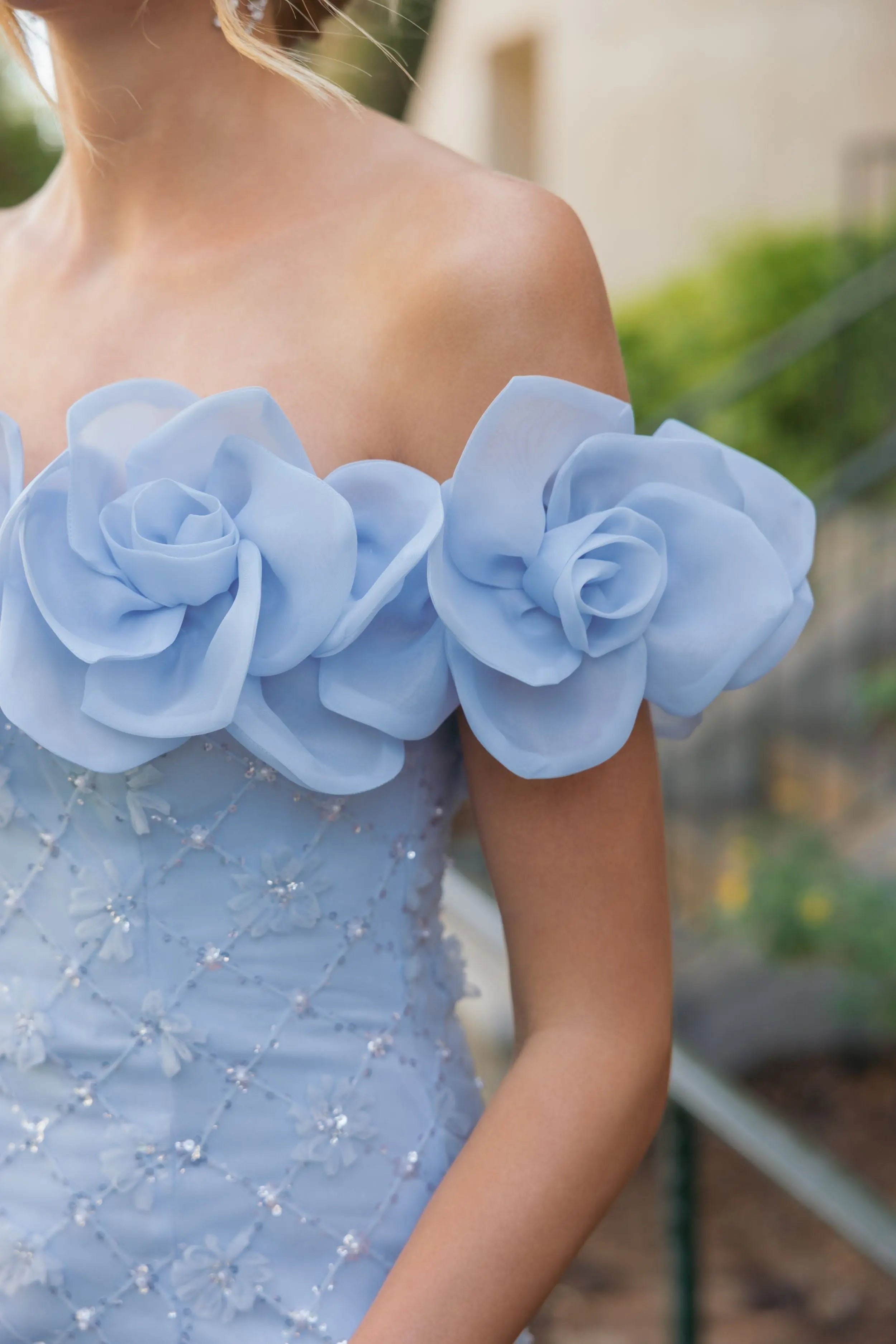 Blue Off The Shoulder Embellished Dress With 3D Flower Detail | Mac Duggal Blue Off The Shoulder Embellished Dress With 3D Flower Detail | Mac Duggal