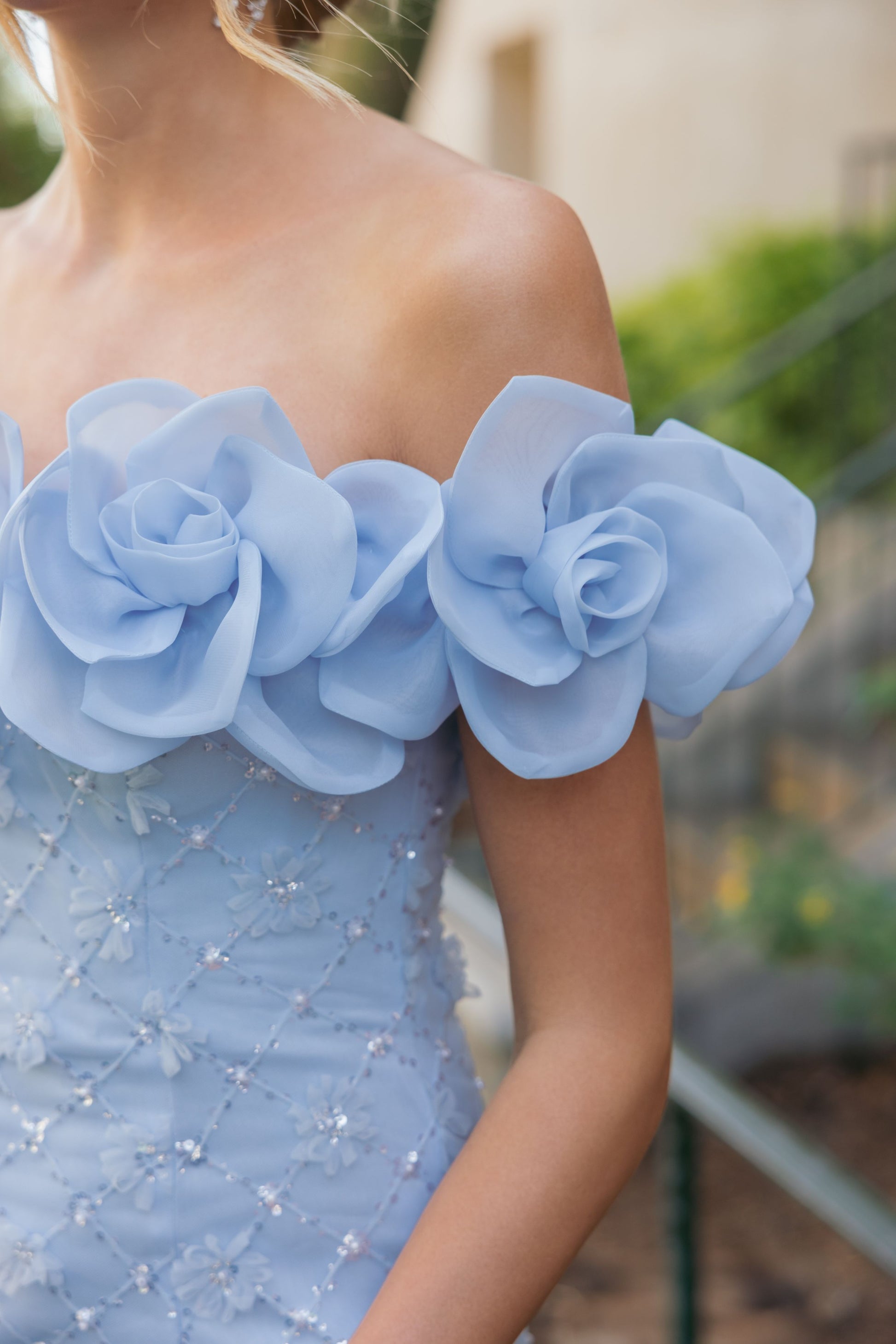 Blue Off The Shoulder Embellished Dress With 3D Flower Detail | Mac Duggal Blue Off The Shoulder Embellished Dress With 3D Flower Detail | Mac Duggal