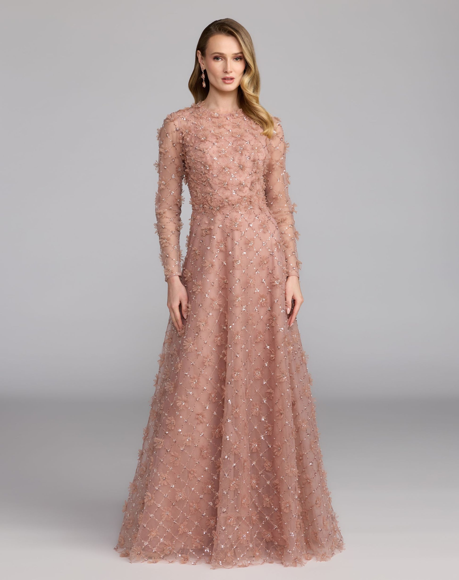 Pink High Neck Long Sleeve Embellished A-Line Gown - Mac Duggal