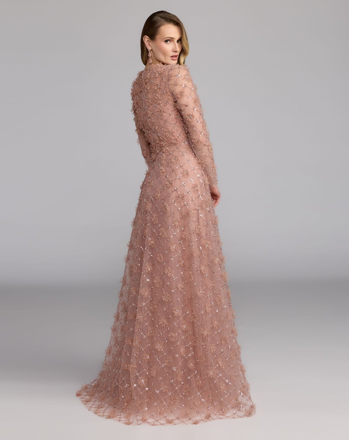 Pink High Neck Long Sleeve Embellished A-Line Gown - Mac Duggal
