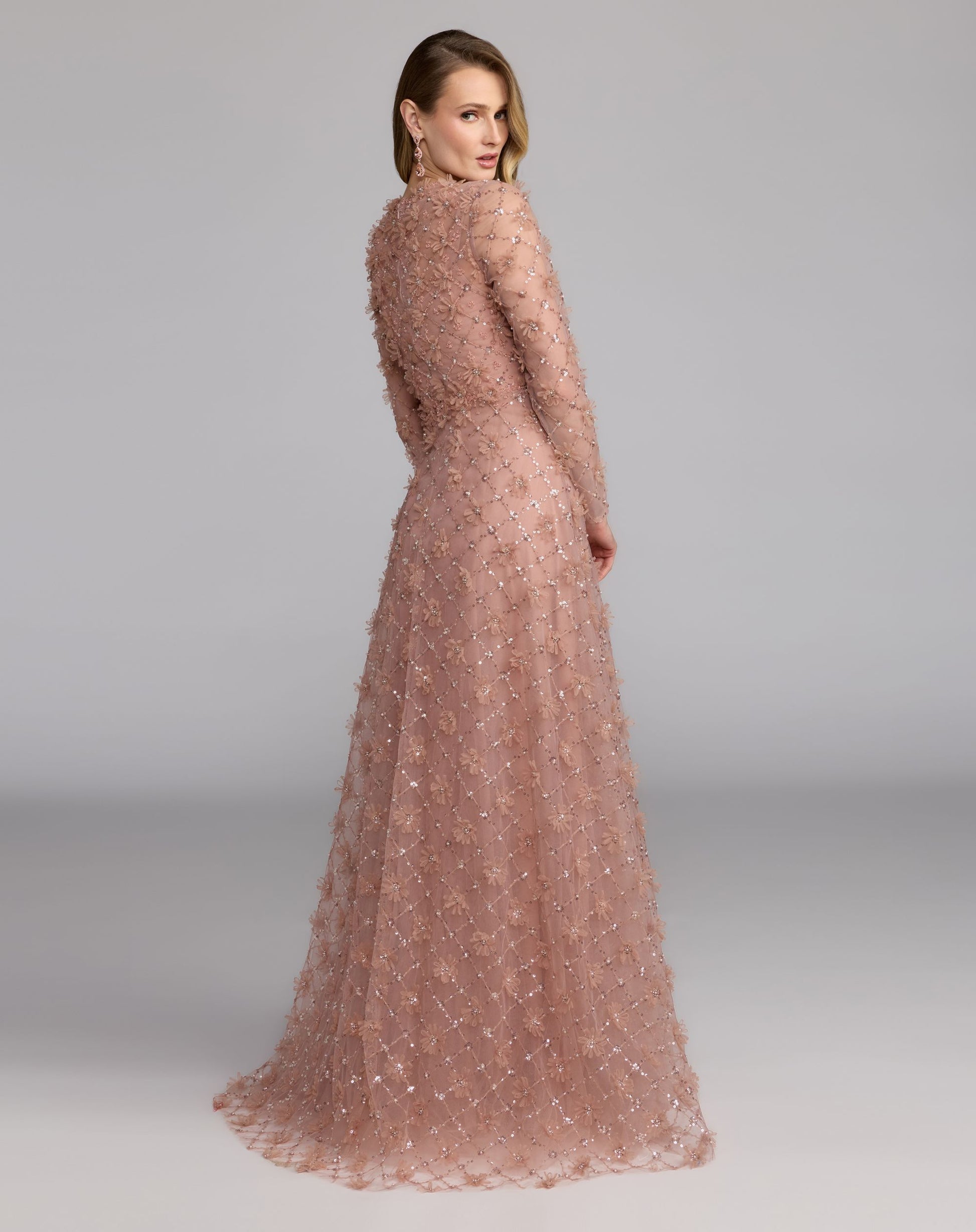 Pink High Neck Long Sleeve Embellished A-Line Gown - Mac Duggal