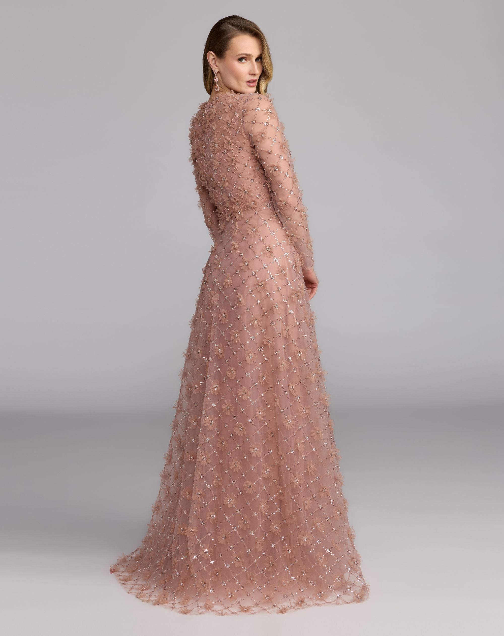 Pink High Neck Long Sleeve Embellished A-Line Gown - Mac Duggal