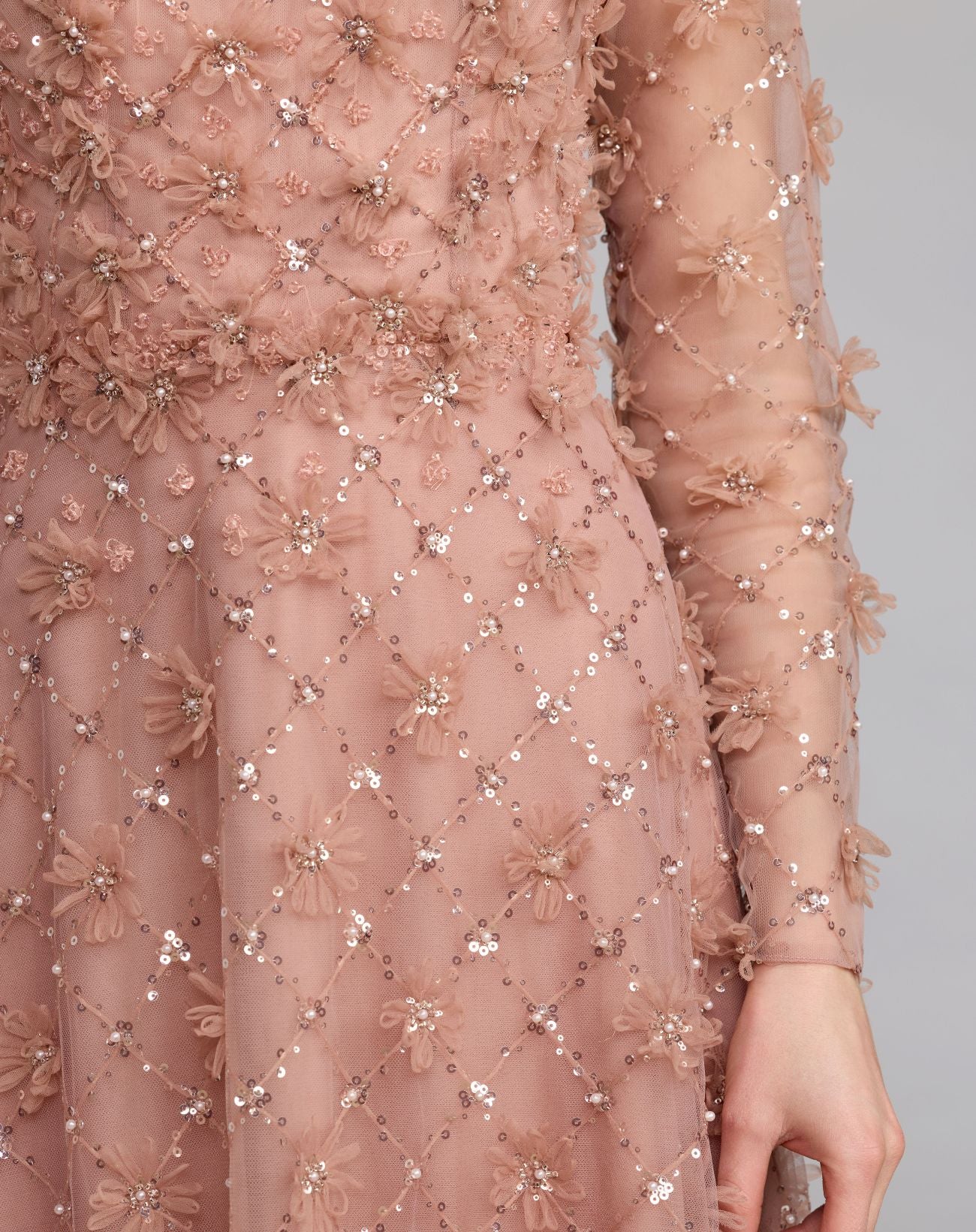 Pink High Neck Long Sleeve Embellished A-Line Gown - Mac Duggal