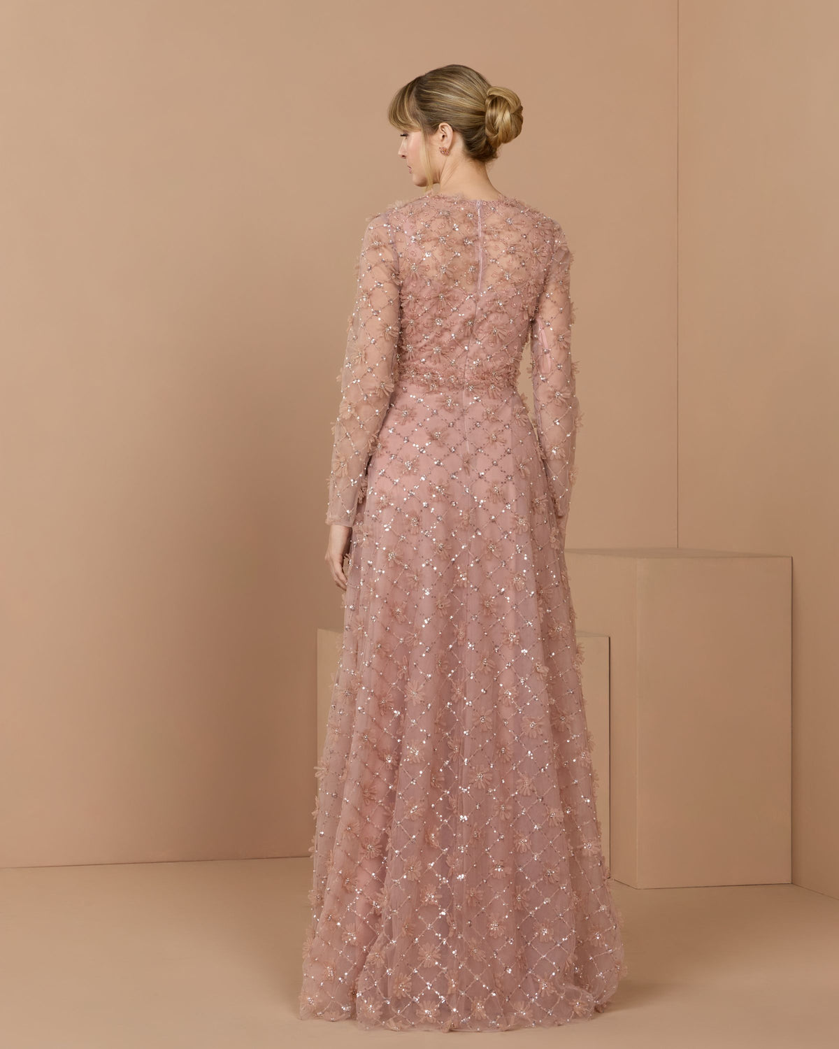 Mocha High Neck Long Sleeve Embellished A-Line Gown - Mac Duggal