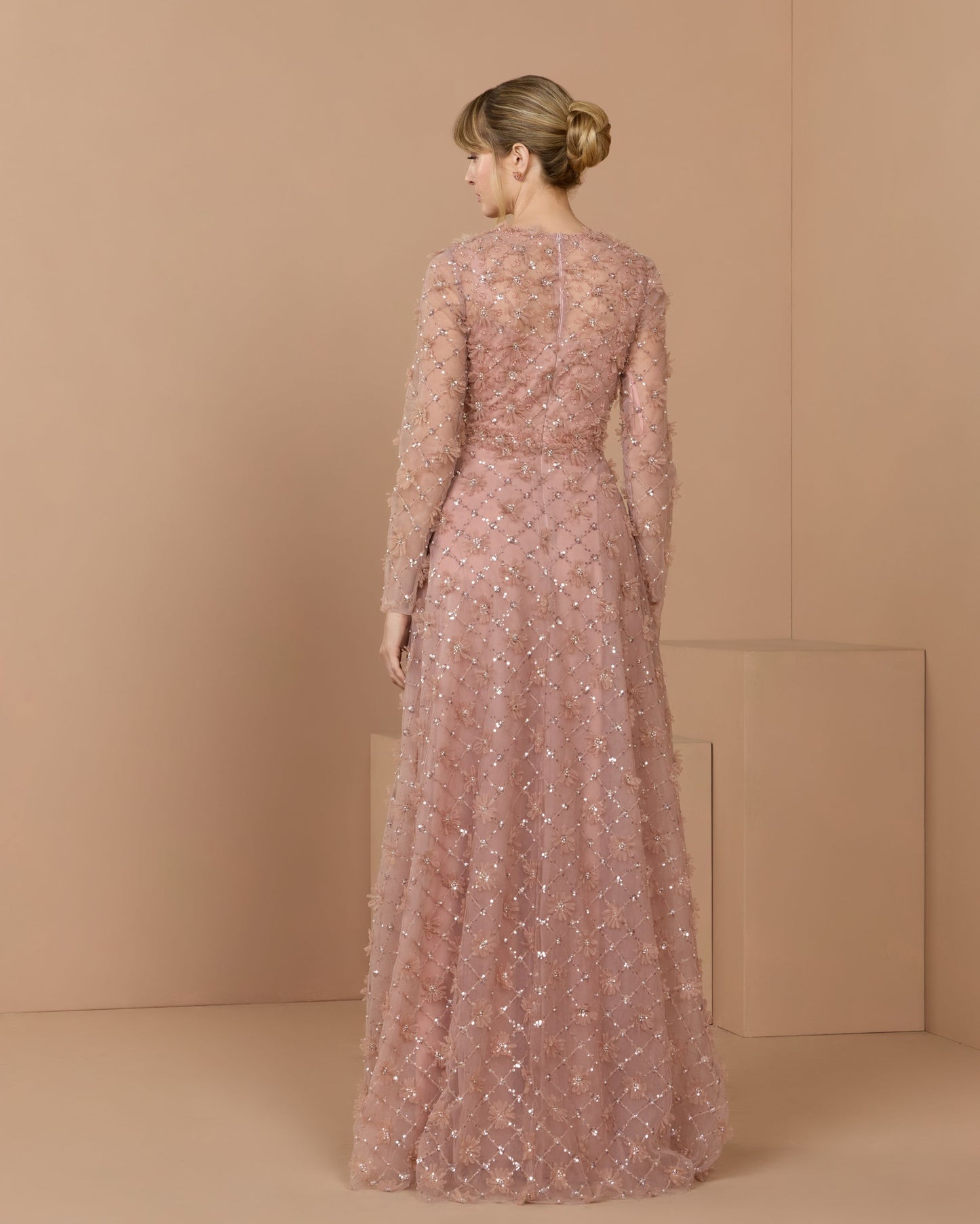 Pink High Neck Long Sleeve Embellished A-Line Gown - Mac Duggal